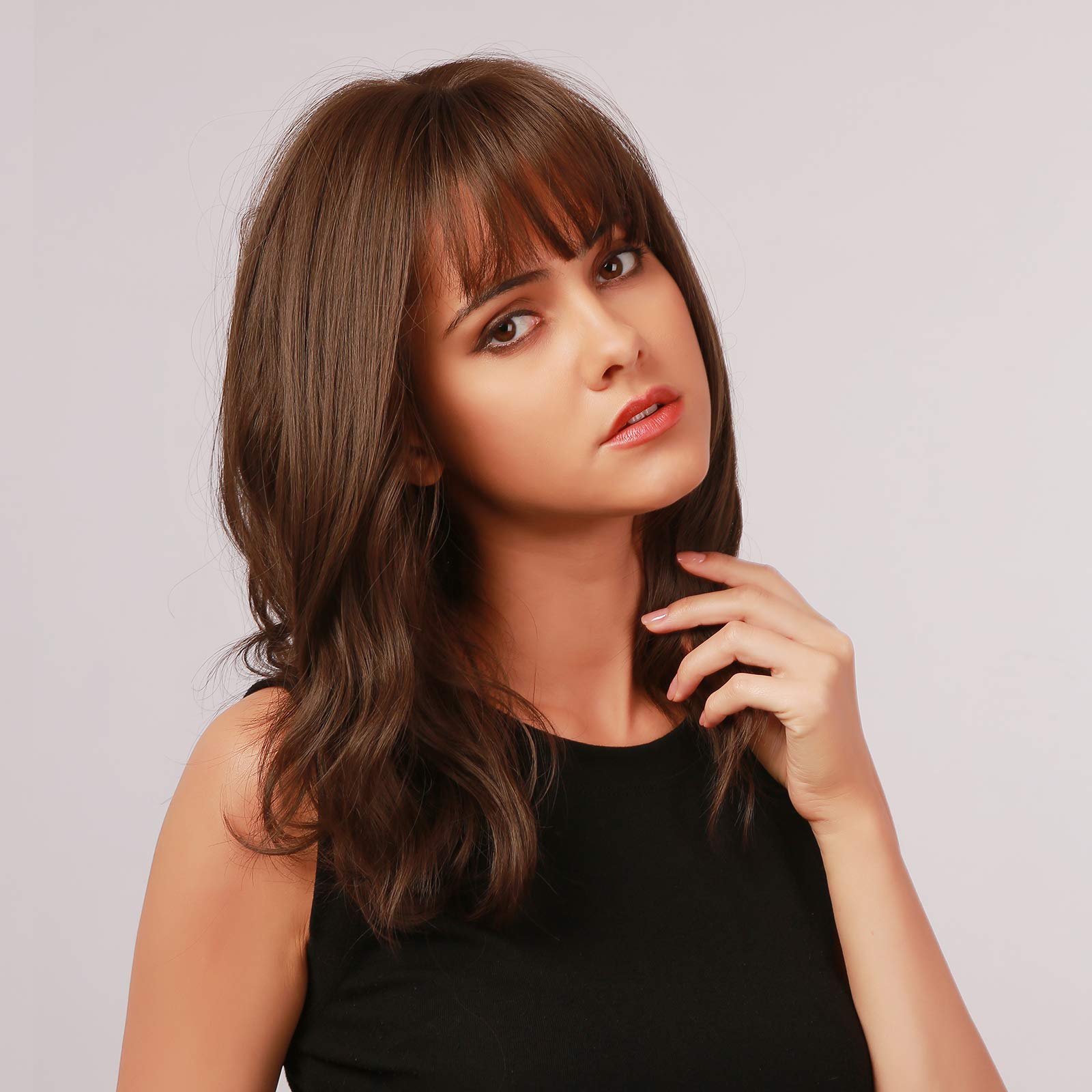Haircube Short Brown Wavy Bob Wig With Bangs,Shoulder Length Wigs For Women Short Curly Women'S Wigs Natural Looking Heat Resist
