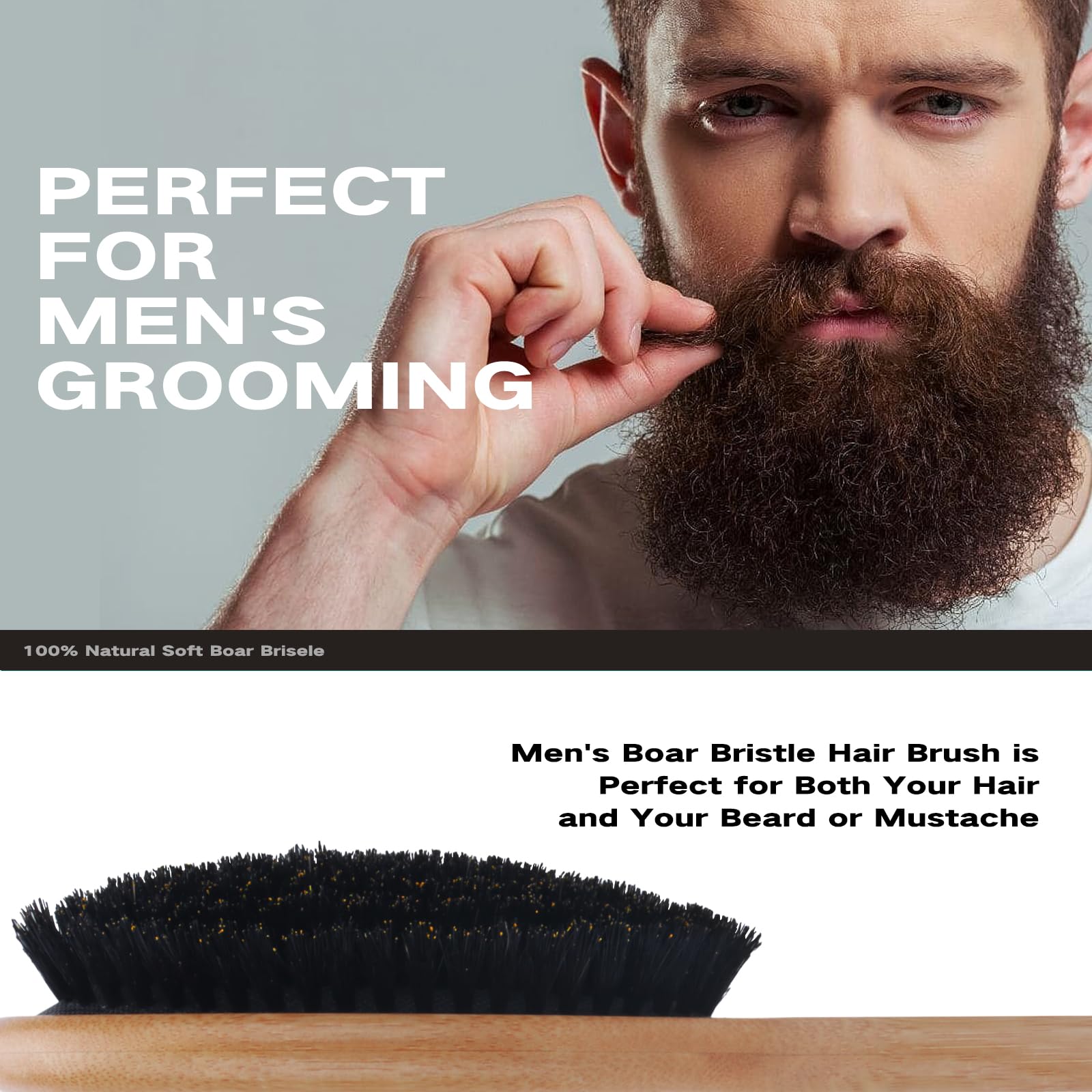 Combetter Boar Bristle Hair Brush - Eco-Friendly Bamboo, Black, for Smoothing & Detangling Hair, Suitable for Women, Men & Kids