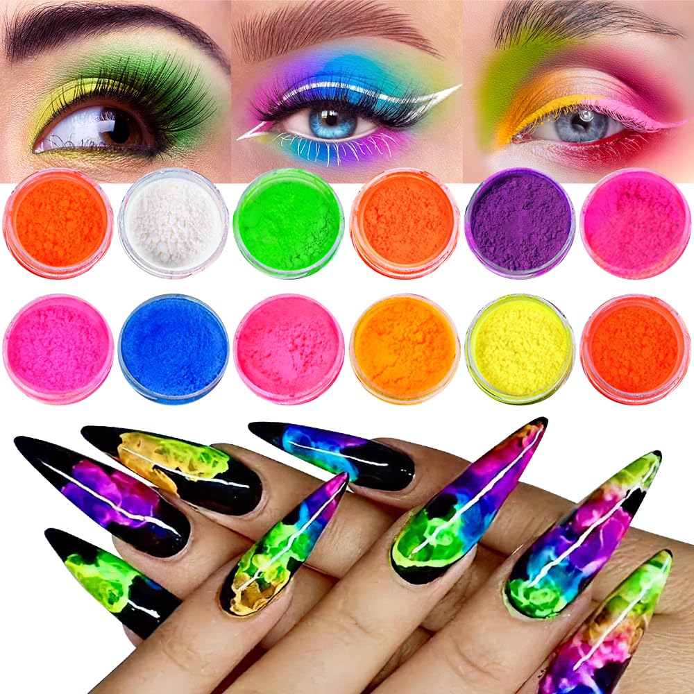 Neon Pigment Powder for Nails Eyeshadow - 12 Colors Fluorescent Neon Rainbow Smoke Nails, 3d Nail Art Pigment Powder For Acrylic