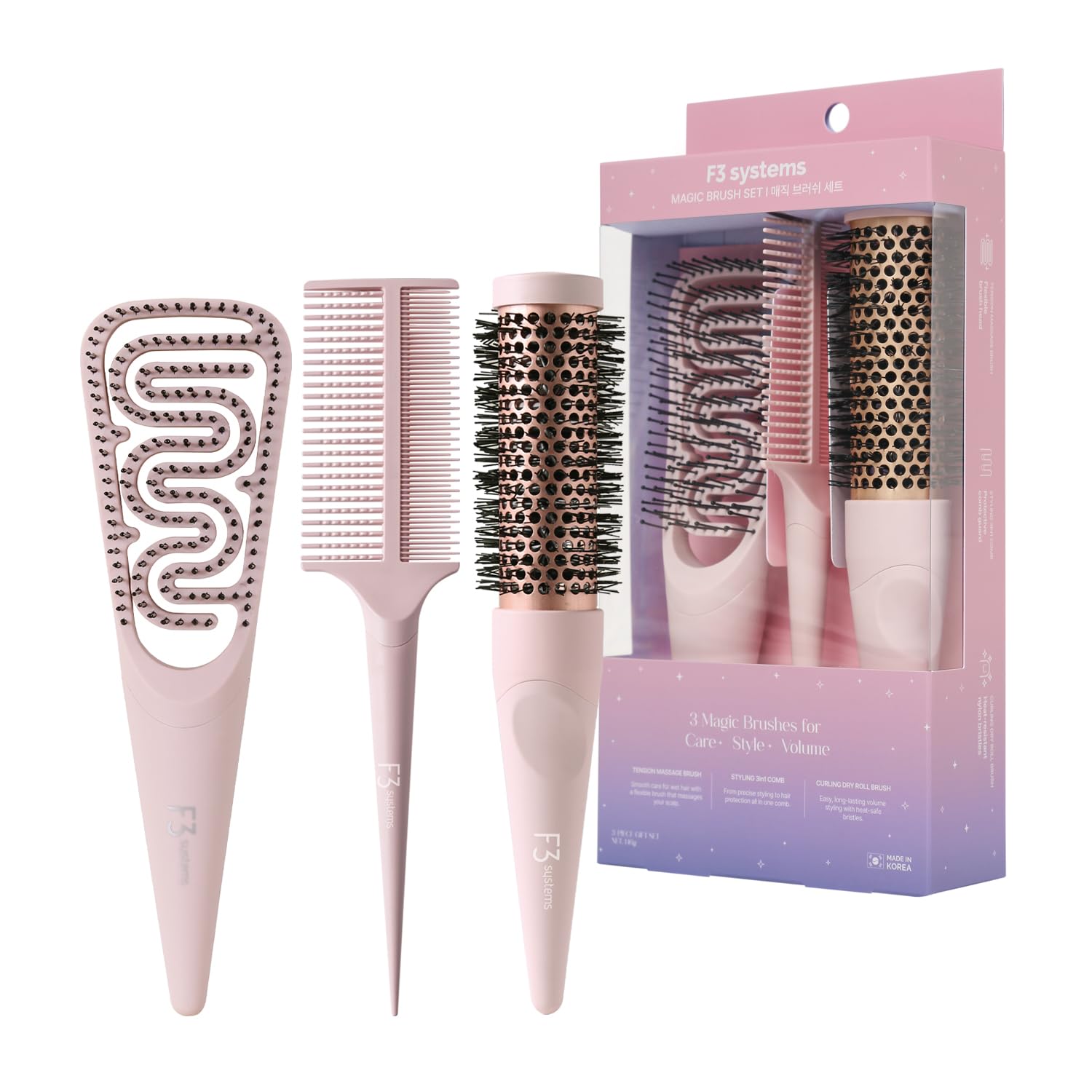 F3 systems, Magic Brush Set, Christmas Stocking Stuffers Gifts for Women, Quick Styling, Great Blowout, Ceramic Coated/Ionic The