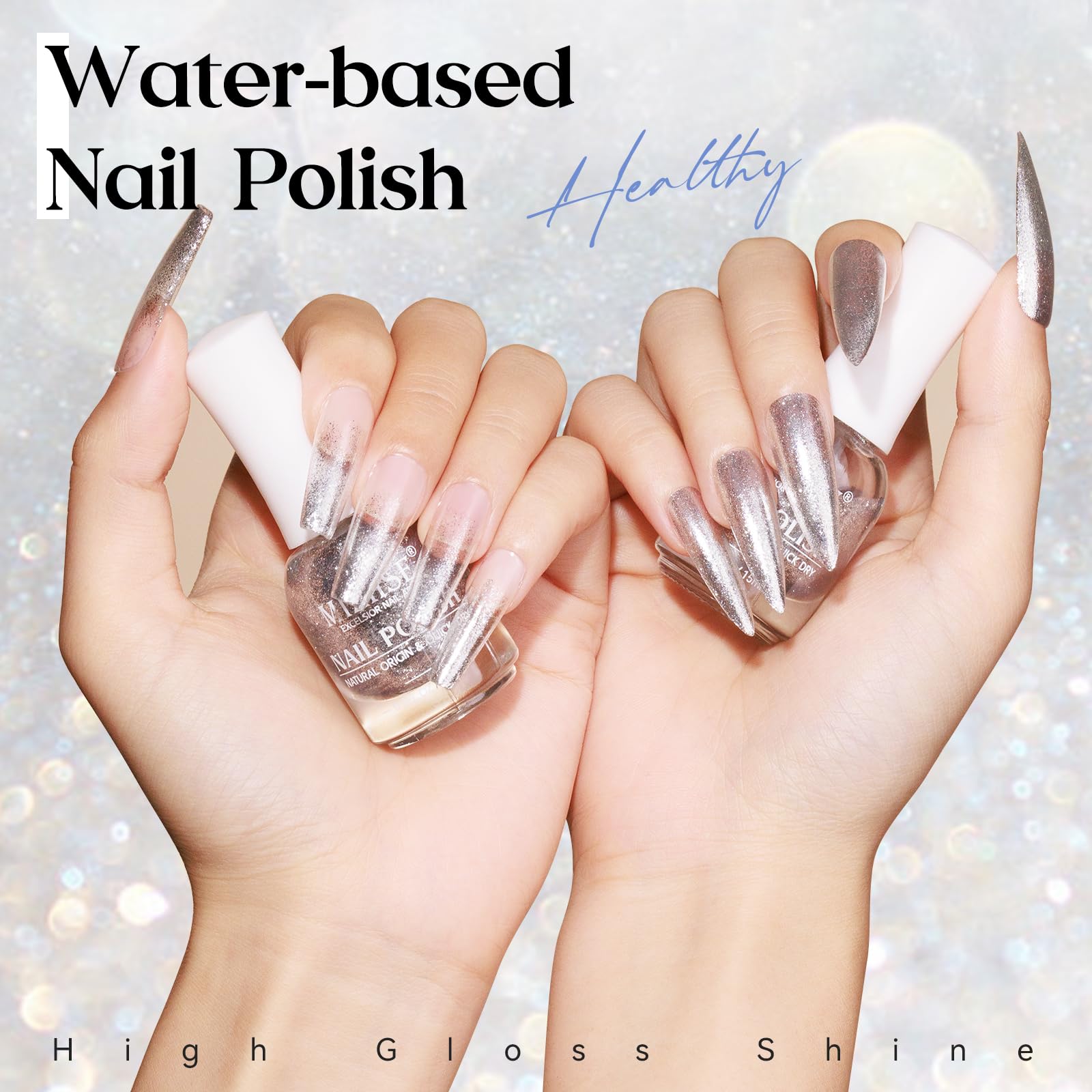 Mizhse Glitter Nail Polish, Metallic Silver Nail Polish Air Dry Fast, 15Ml High Glossy Sparkle Shiny Nail Pigment Water-Based Ch
