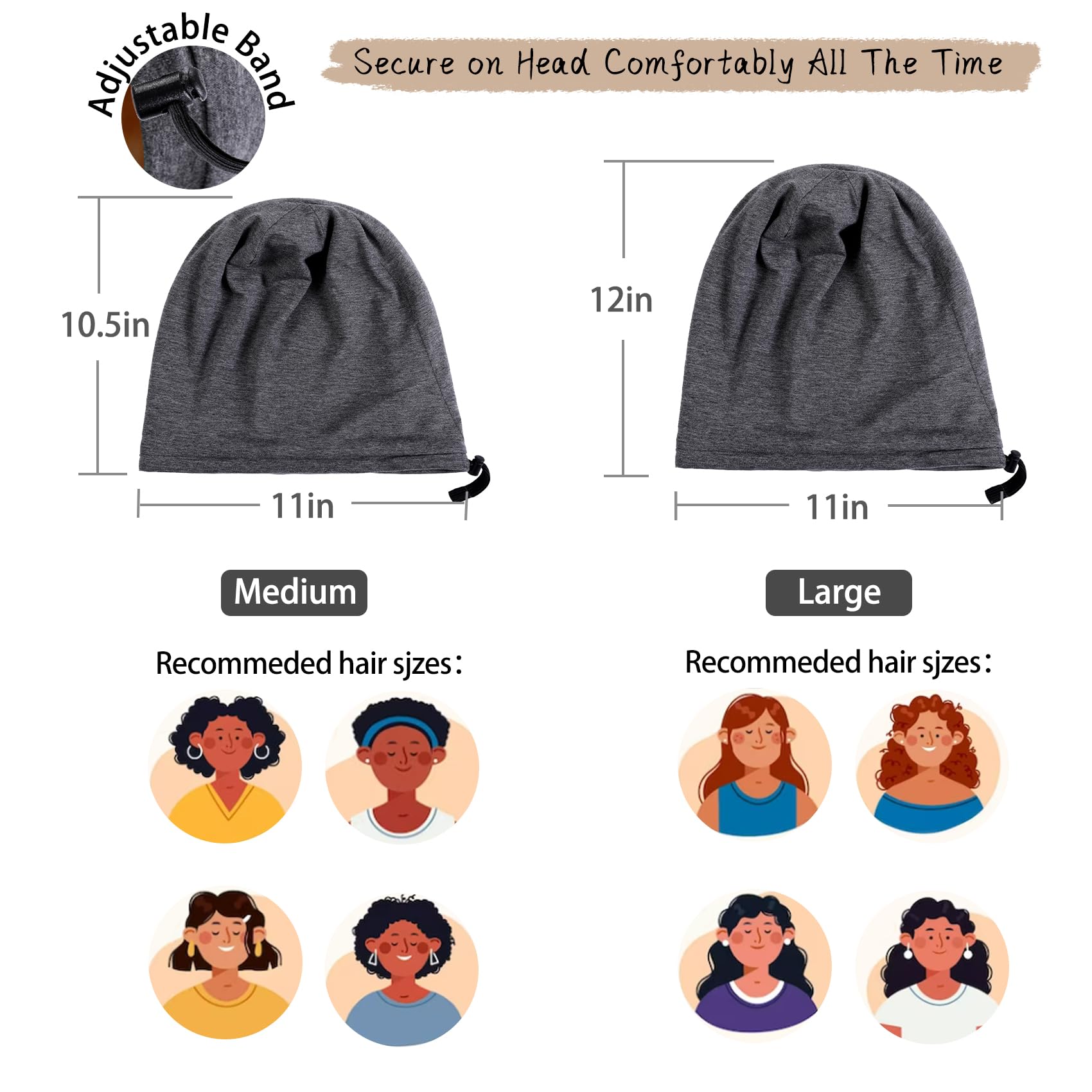 NICPOO Silk Satin Bonnet Hair Wrap, Adjustable 2 Pcs Sleep Cap, Large, Grey+Khaki for Curly Hair