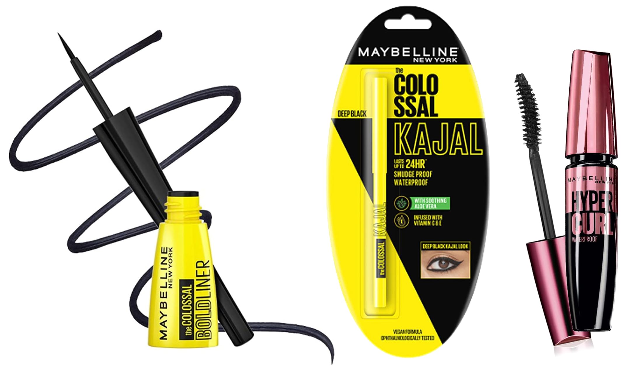 Maybelline New York Colossal Bold Eyeliner, Colossal Kajal, And Hypercurl Mascara Waterproof, Black, 3G, 0.35G, 9.2Ml