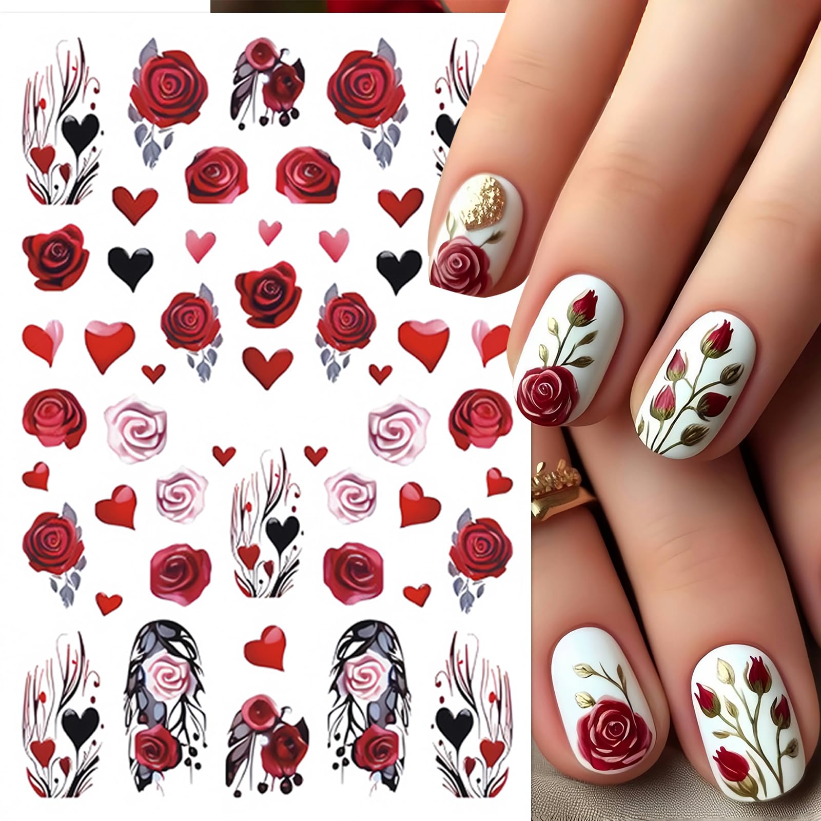6 Sheets Love Nail Art Stickers Decals Valentines Day Diy Self-Adhesive Nail Supplies Love Heart Self-Adhesive Rose Embossed Bow