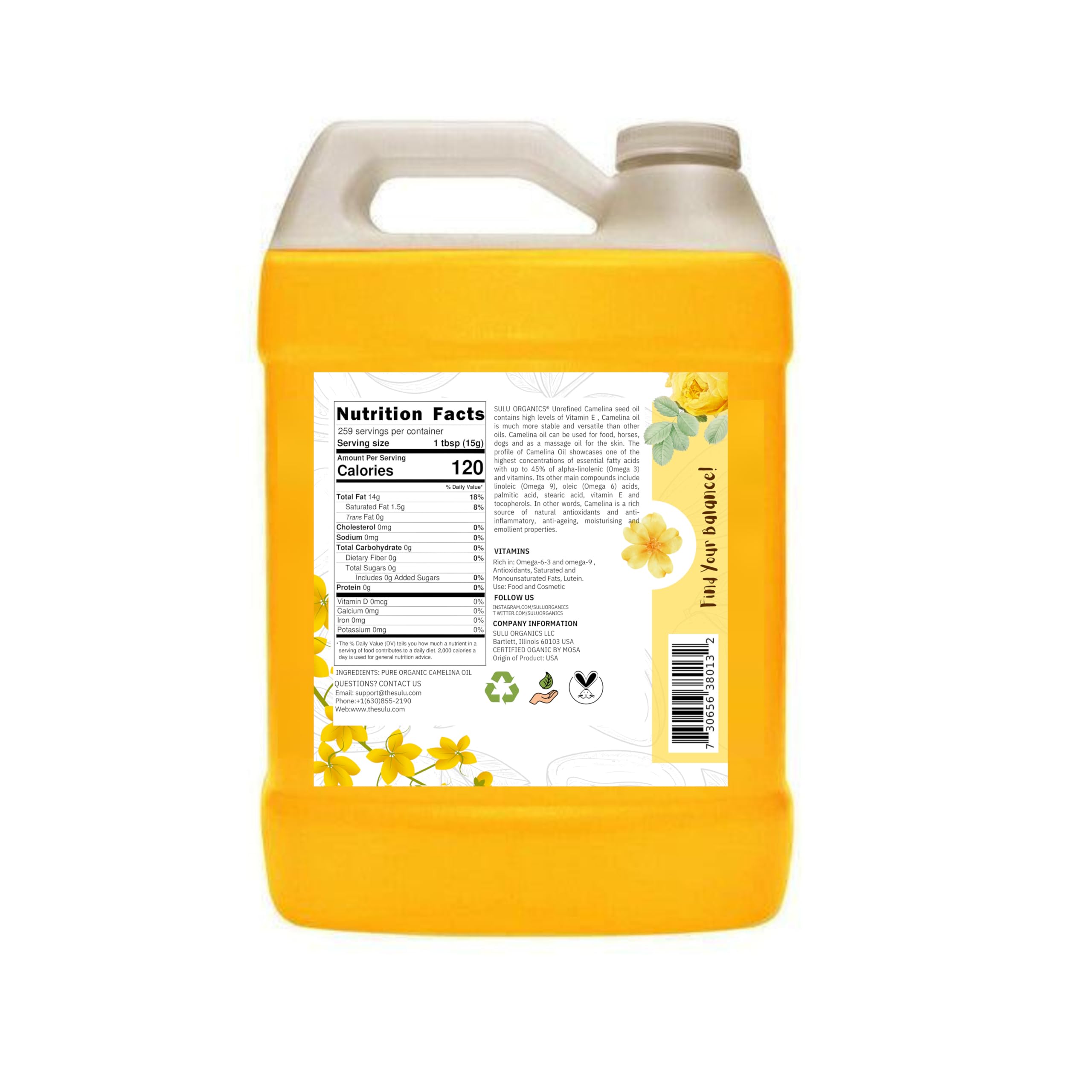 100% Pure Extra Virgin USDA Organic Unrefined Cold Pressed Camelina Seed Oil 1 Gallon (128 FL.OZ)