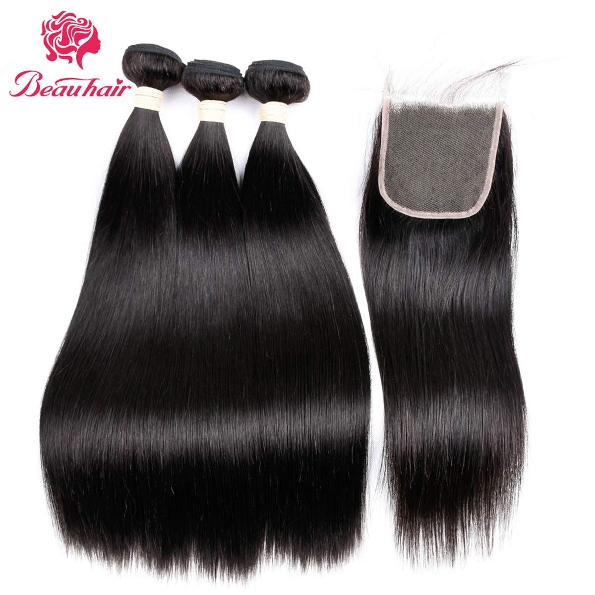 Beauhair 7A Brazilian Straight Hair 3 Bundles With Lace Closure (8 10 12+12 Free Part Closure) Virgin Human Hair Weave 100% Unpr