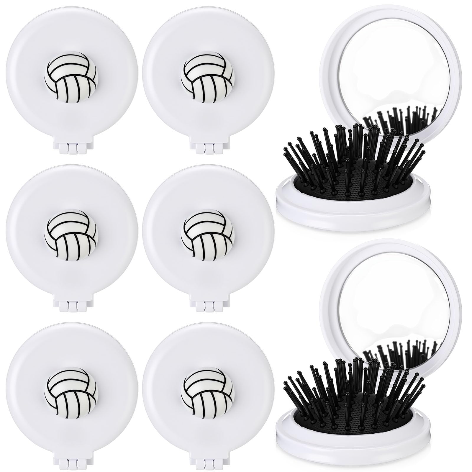 LemonRoad 6 Pack Volleyball Foldable Travel Mirror Hair Brushes, Mini Mirror Comb, Round Portable Folding Pocket Hairbrush, Comp