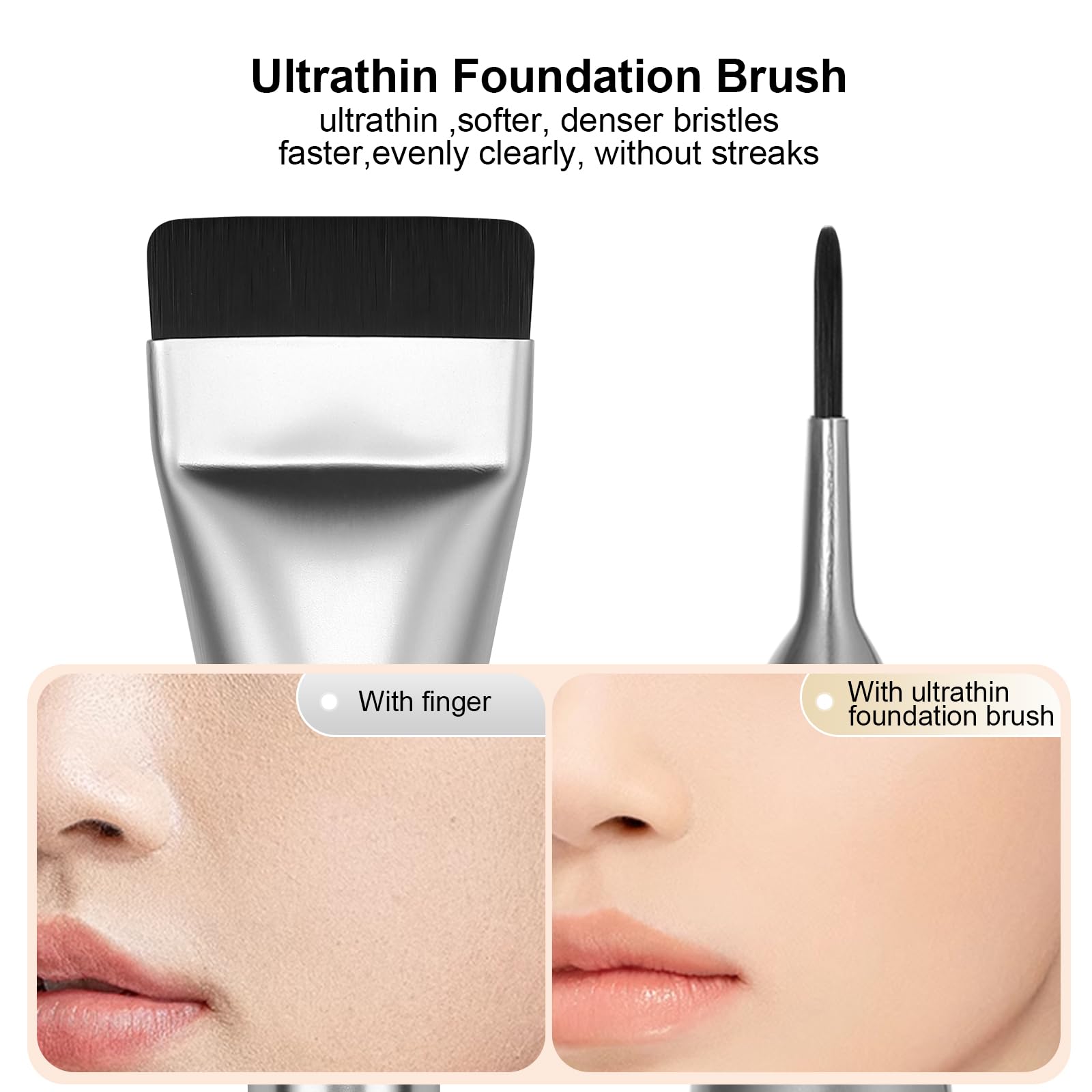 BEAUTYFACTOR Flat Foundation Brush - Premium Synthetic Fibers, Silver, Perfect for Liquid Foundation and Cream Blending