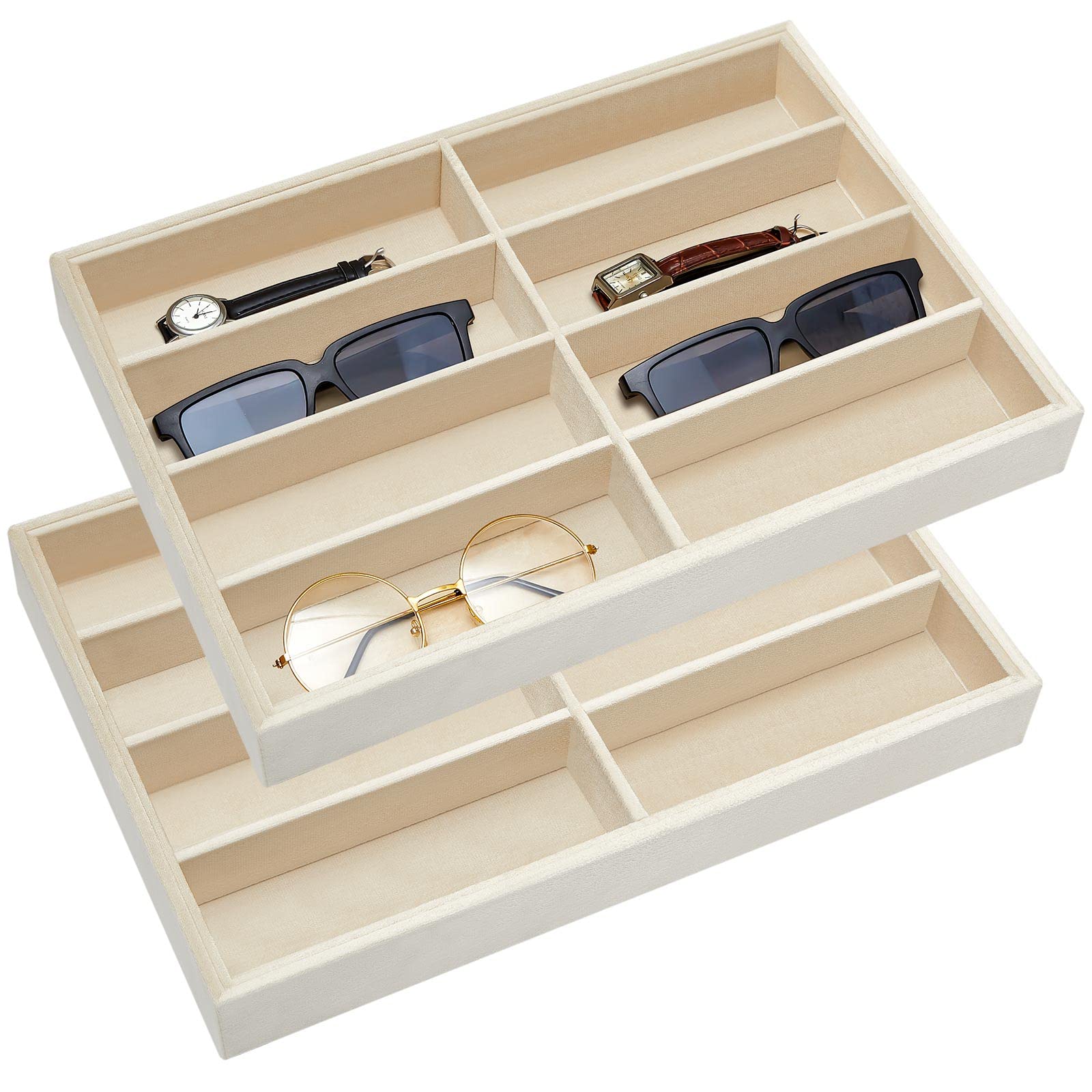 Amylove 2 Pcs Sunglass Organizer Trays Glasses Stackable Jewelry Trays Sunglass Organizer Display Box(8 Grids,Beige)