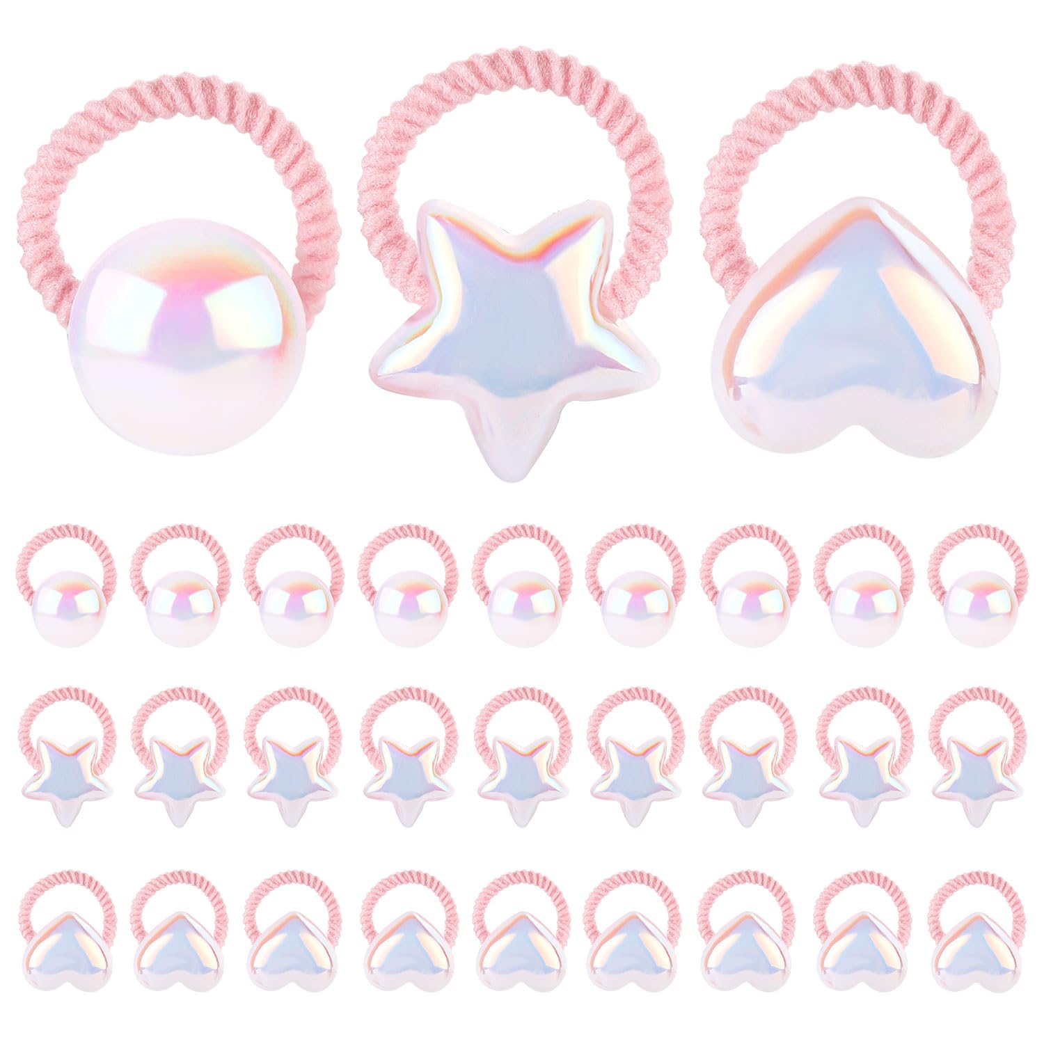 30pcs Toddler Hair Ties, 3 Styles Pink Cute Pearl Hair Ties for Kids Stretchy Candy Color Scrunchies Heart Ponytail Holders Star