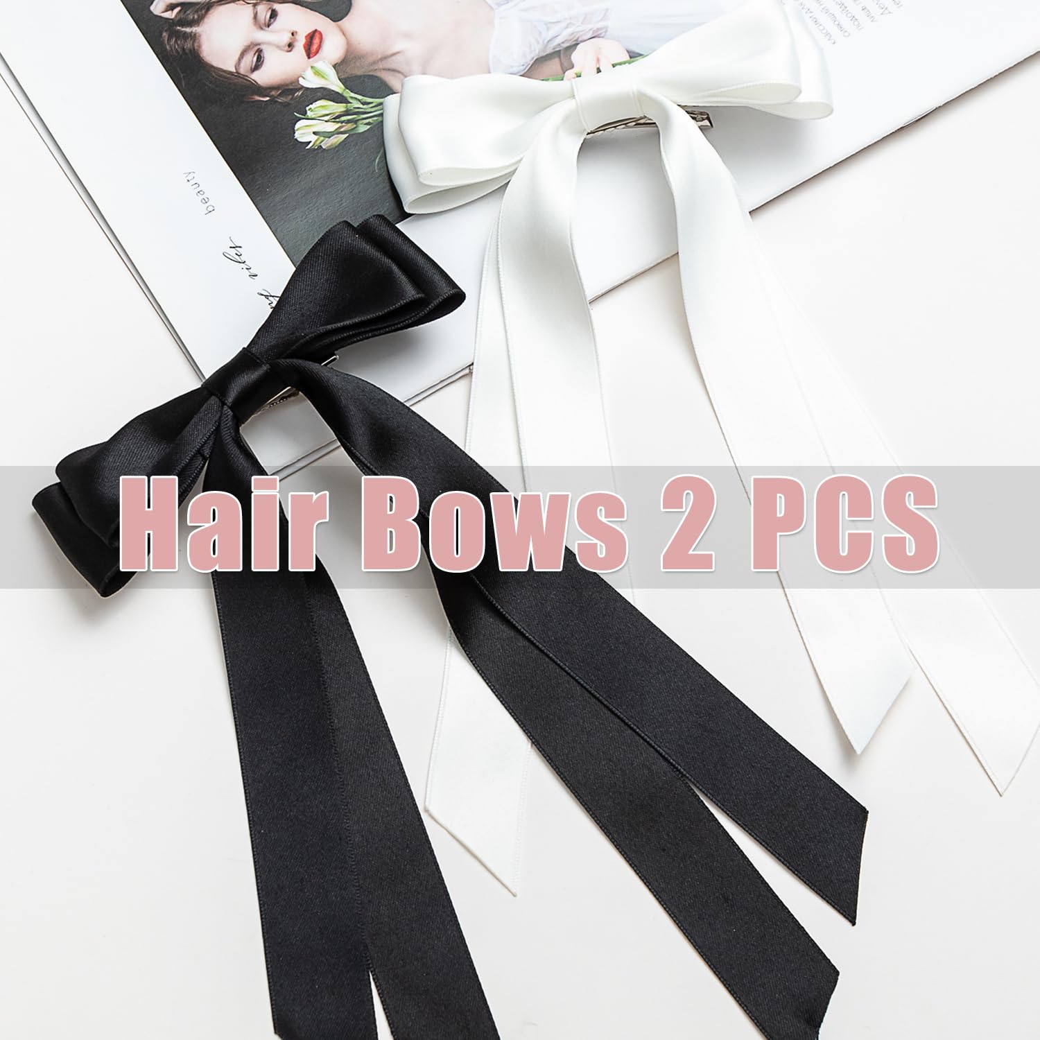 Seneeel Hair Bows, 2 Pcs Large Double Ribbon Bow For Women - Black, White