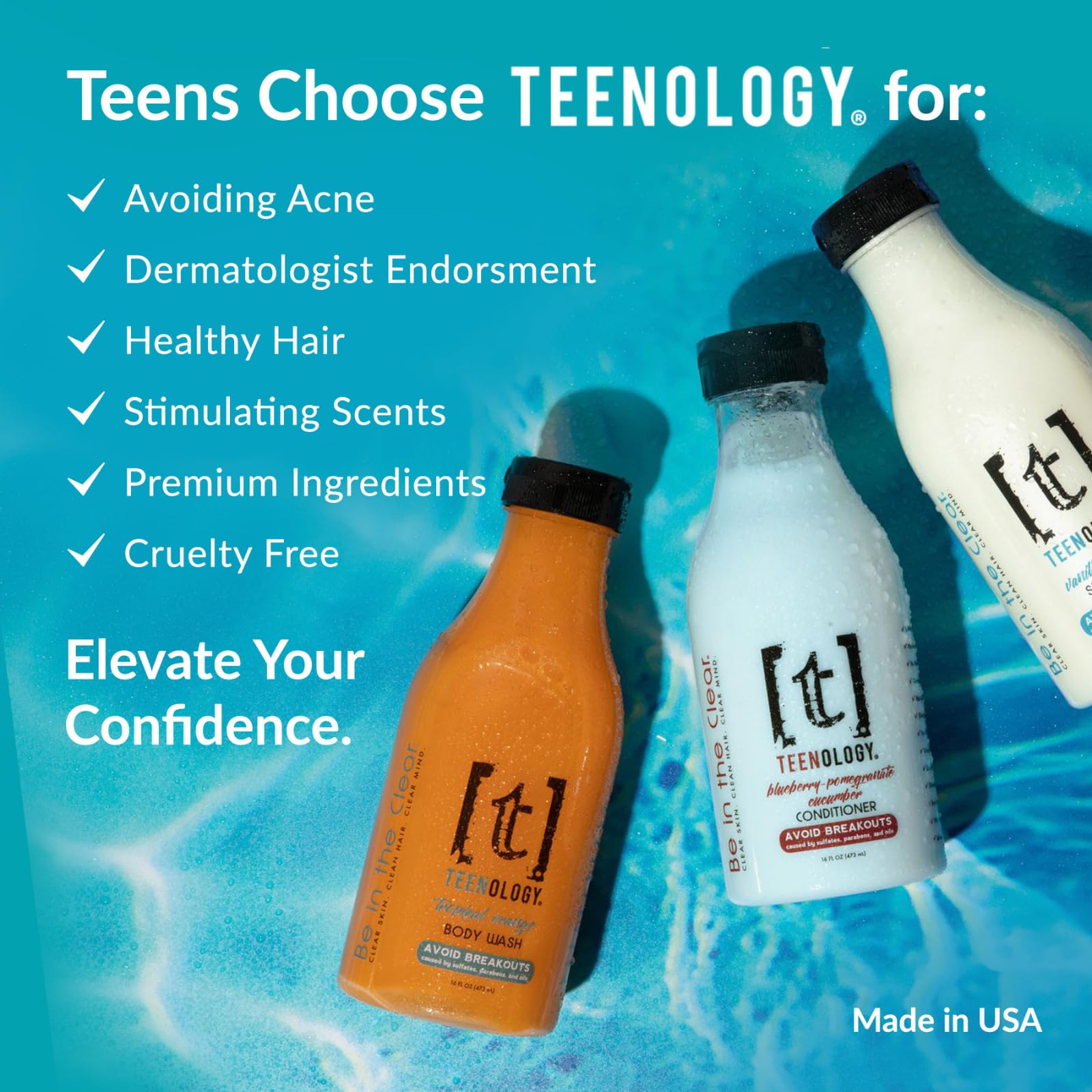 Teenology Shampoo for Teens - Avoid Forehead and Body Acne - No Sulfates or Parabens, Noncomedogenic, Natural Botanical Extracts