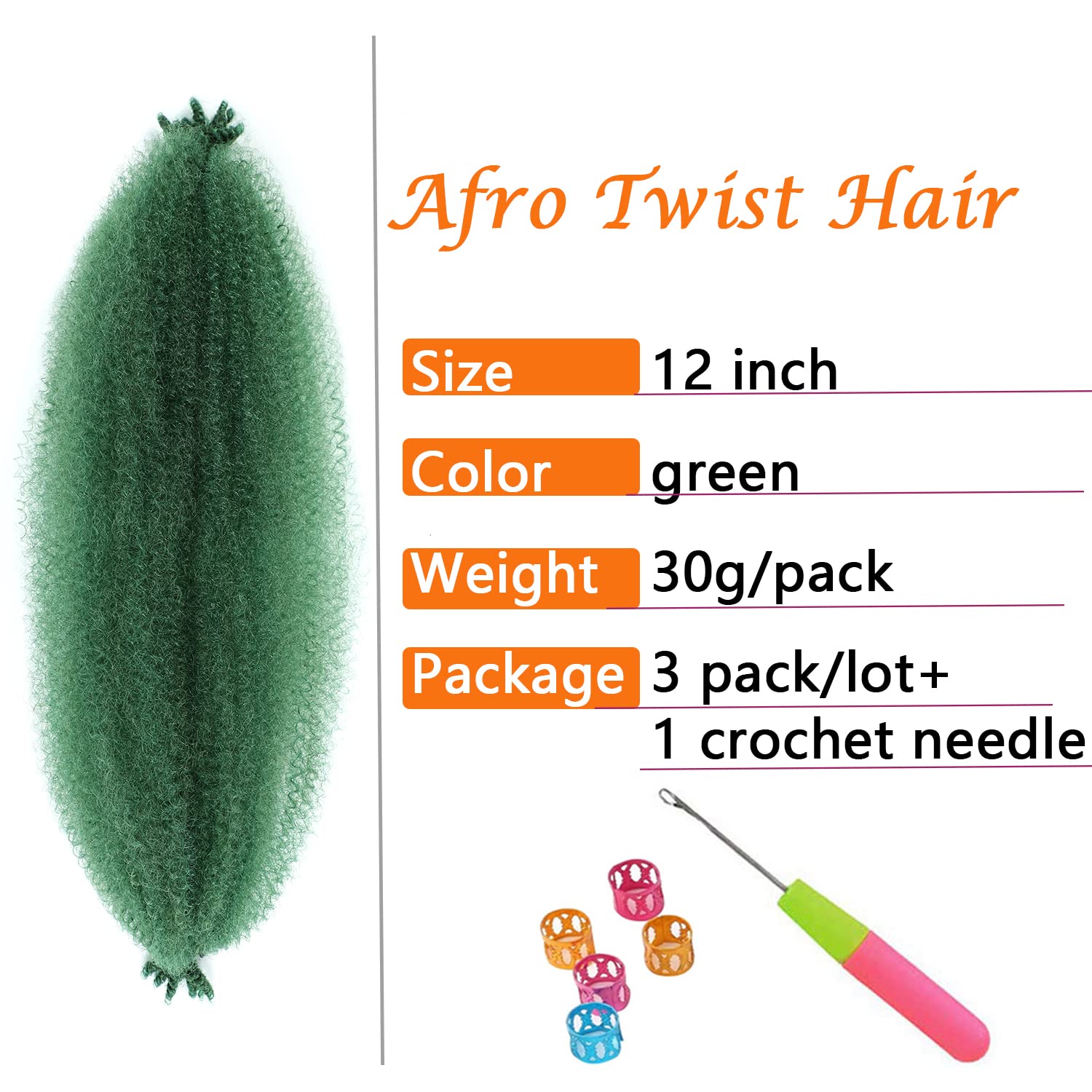 Springy Afro Twist Hair 12 Inch 3 Packs Green Color Pre Fluffed Marley Twist Braiding Hair For Black Women (12 Inch, Green)
