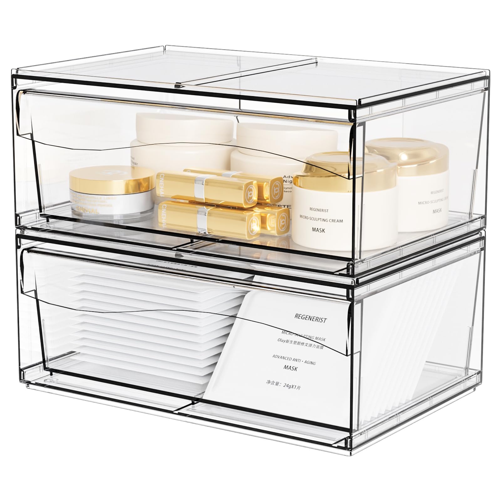 2 Pack Clear Stackable Storage Drawers,12 W Large Bathroom Makeup Organizer and Pen,Sunglass,Medicine,Baby Bottle Organizer,Plas