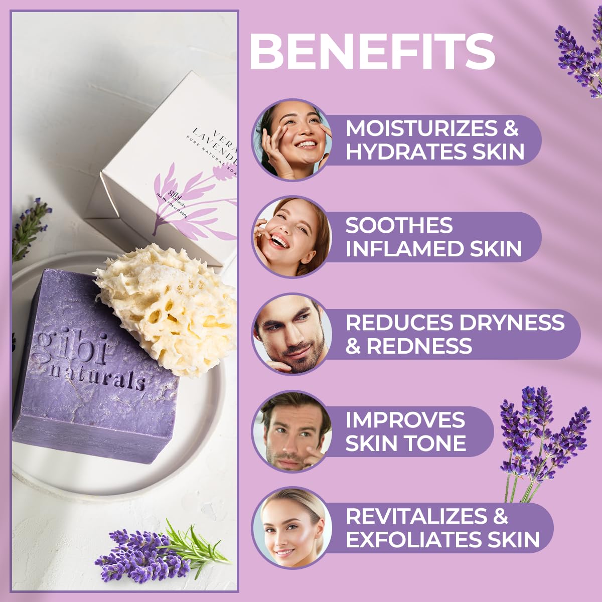 Gibi Lavender Soap Bar - 7.06 Oz Moisturizing Lavender Soap For Face & Body - Hydrates & Revitalizes Skin - Pure Natural Lavende