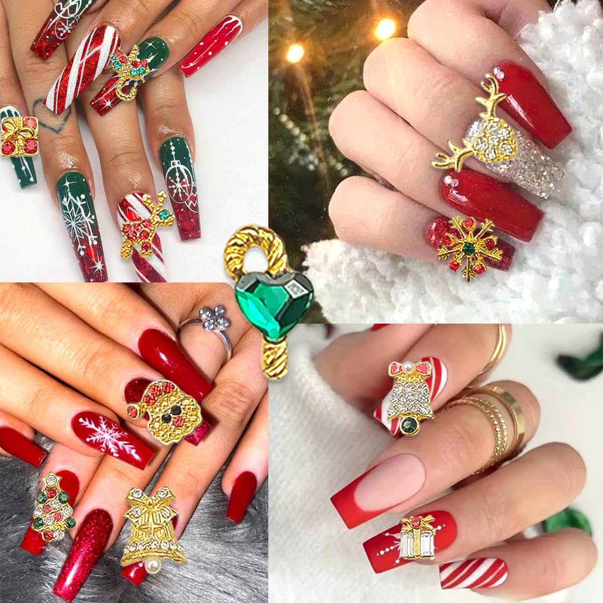 17Pcs Christmas Nail Charms Gold 3D Alloy Reindeer Snowflake Santa Claus Nail Art Charms Shiny Red Green Nail Rhinestones Bling