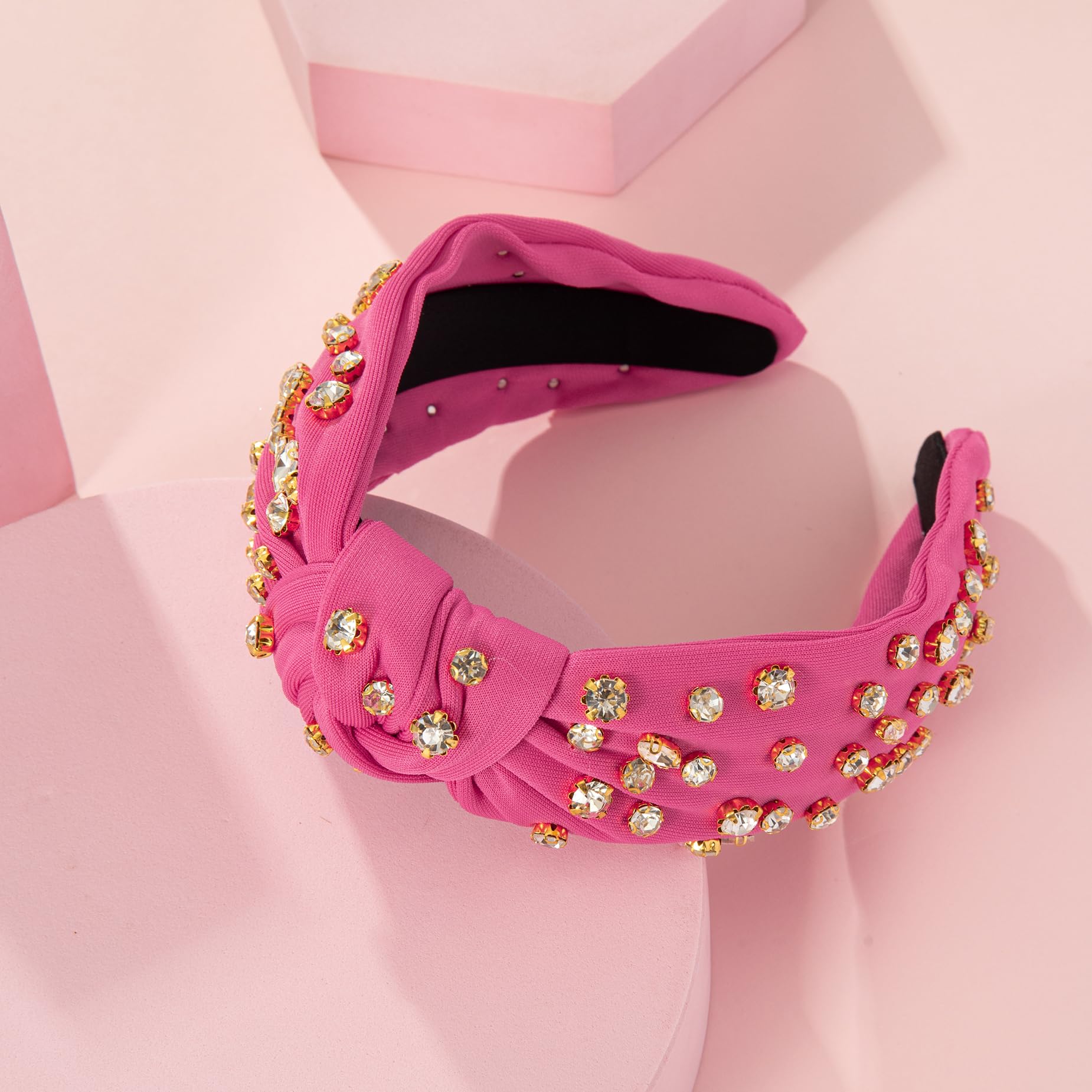 Mixcbe Rhinestone Knotted Hot Pink Headbands For Women, Sparkly Crystal Jeweled Headbands Top Knot Twist Wide Hot Pink Headbands