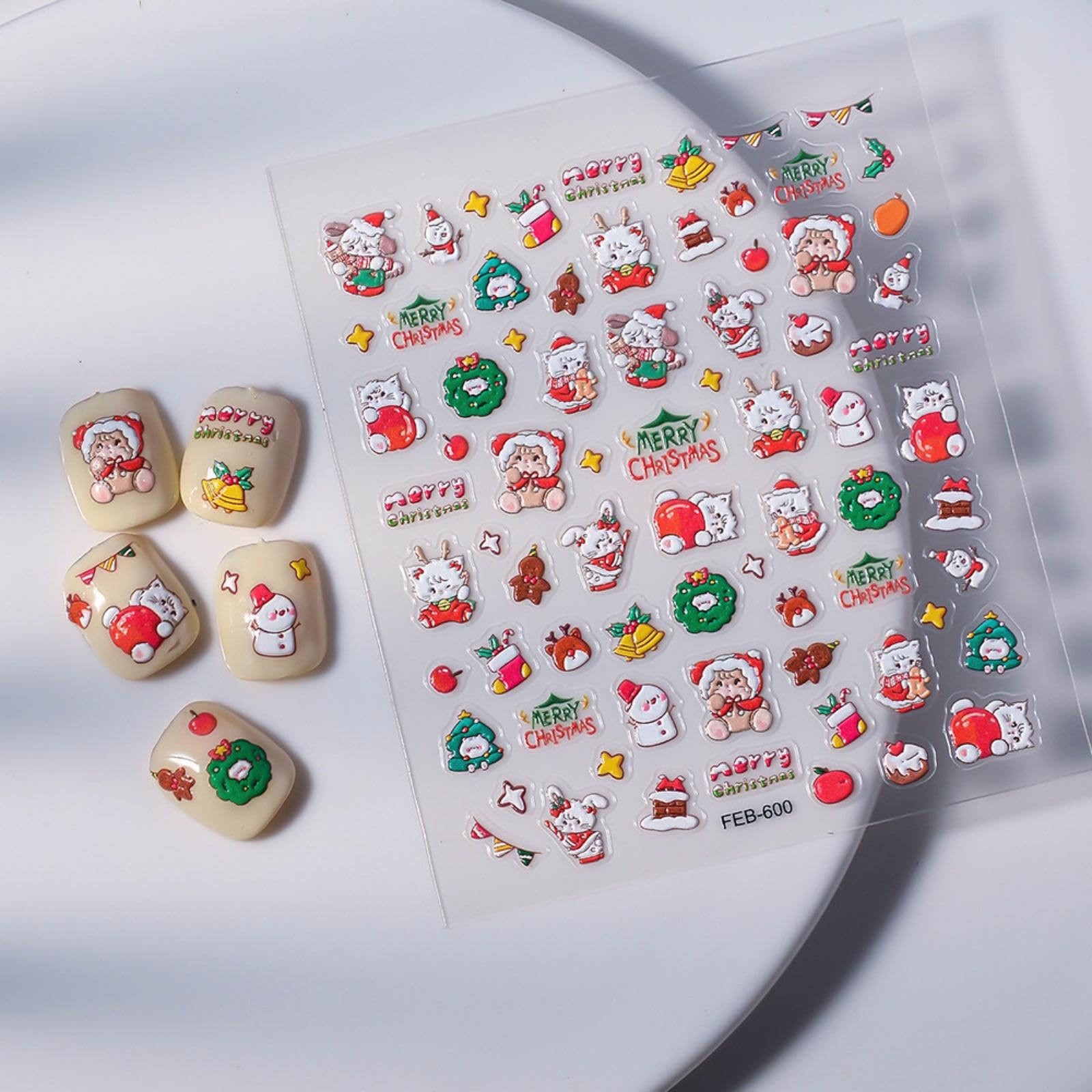 Christmas Nail Art Stickers 5D Embossed Snowman Nail Stickers Self-Adhesive Snowflake Santa Claus Christmas Wreath Nail Decals f