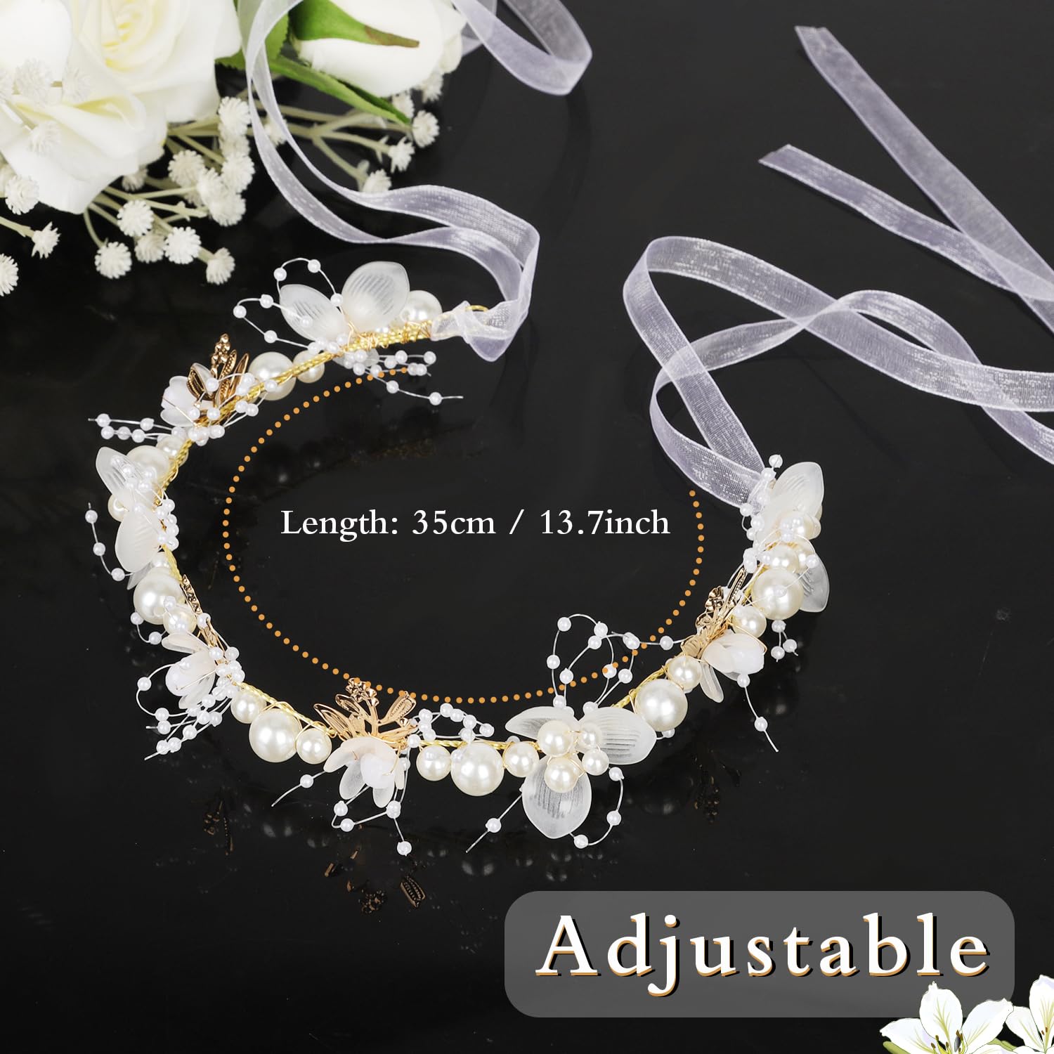 Nqeuepn Flower Girl Hair Accessories, 13.7 X 1.96 Inch Tiara Wedding White Children'S Hair Accessories Adjustable Girl Flower He