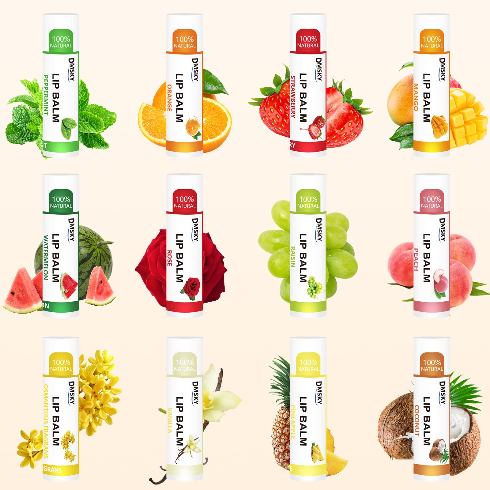 Dmsky 12 Pack Lip Balm, Natural Lip Balm Bulk With Vitamin E And Coconut Oil, Moisturizing Lip Balm For Chapped Lips, Bulk Lip B