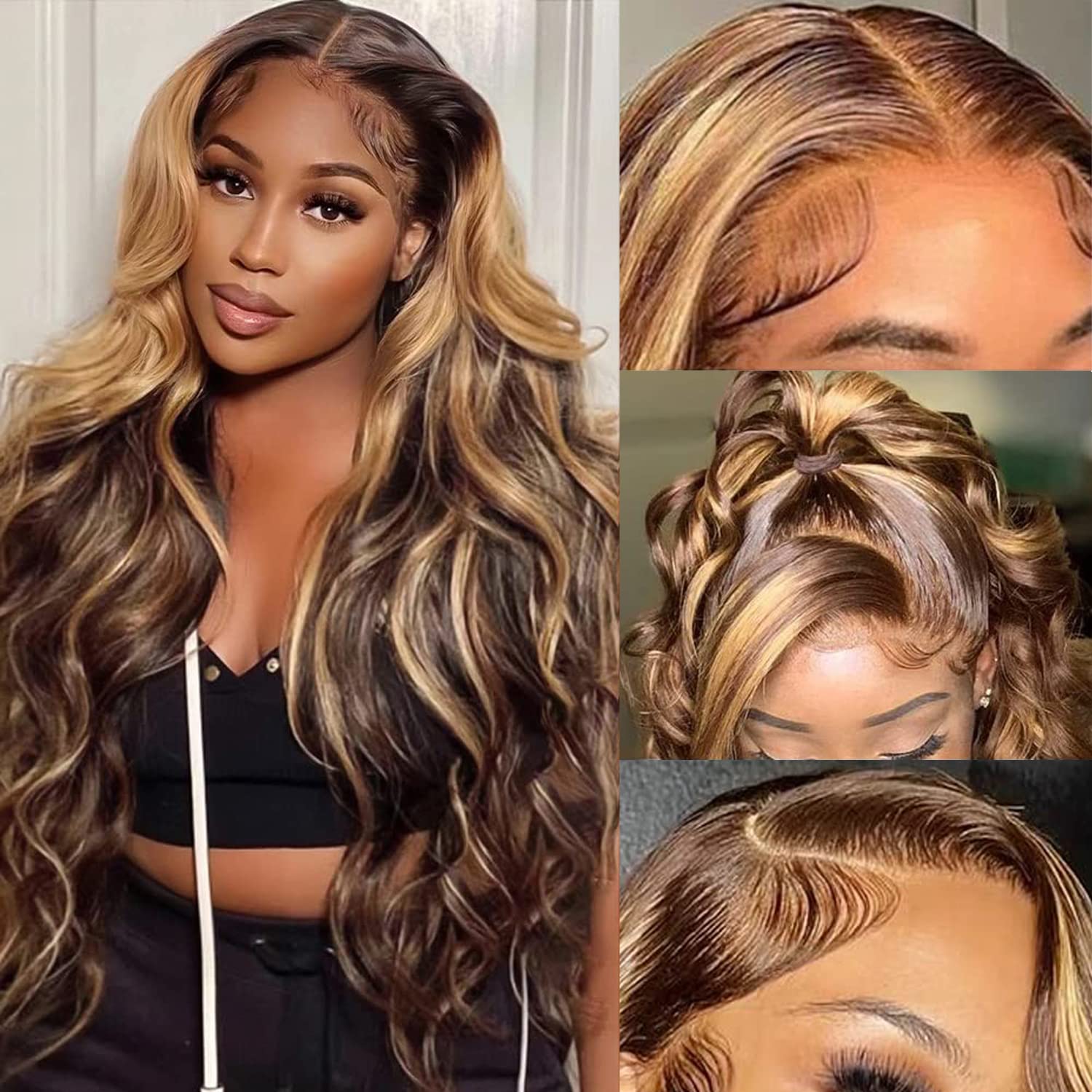 Aicrelery Highlight 4/27 Lace Front Wigs Human Hair 28 Inch Ombre 13X6 Body Wave Hd Transparent Lace Frontal Wig For Women 180%