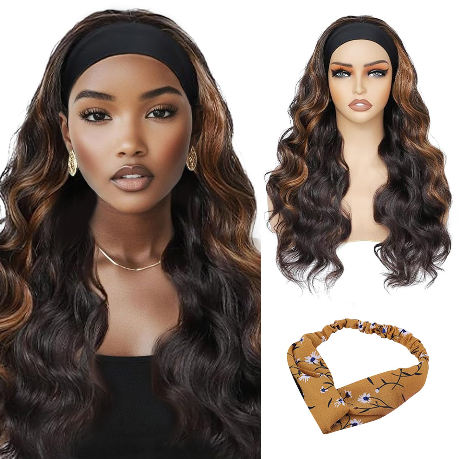 QUEENTAS 27 Long Wavy Headband Wigs for Women Black Mixed Dark Brown with Blonde Highlight Curly Headband Wig Easy Wear Syntheti