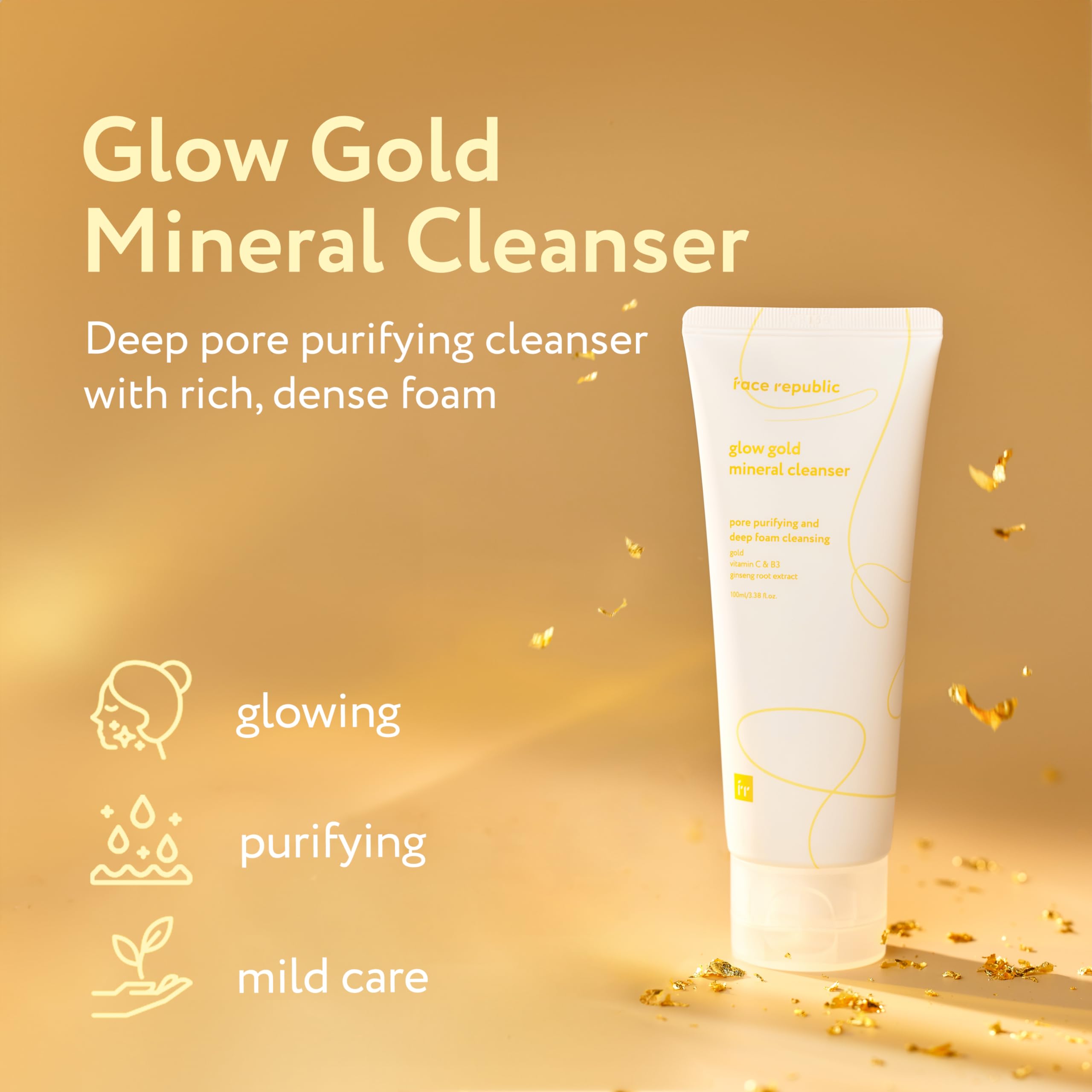 Face Republic Glow Gold Mineral Cleanser 100ml 3.38 fl oz | Deep Pore Purifying Foam | Vitalizing for Dull Skin | Gold, Rice Bra