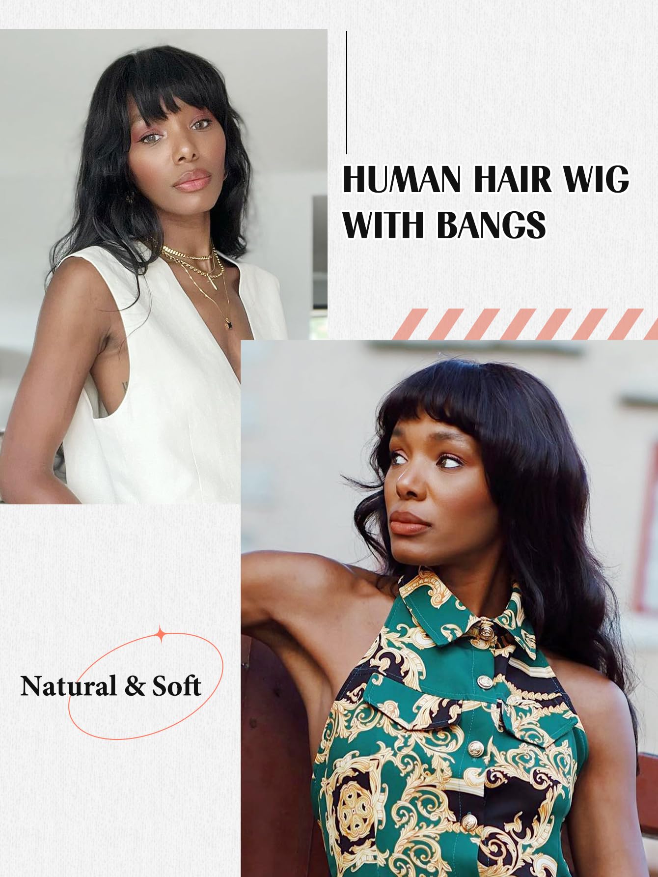 Wignee Natural Wave Wigs With Bangs 100% Brazilian Human Hair Fashion Wave Wigs Natural Black