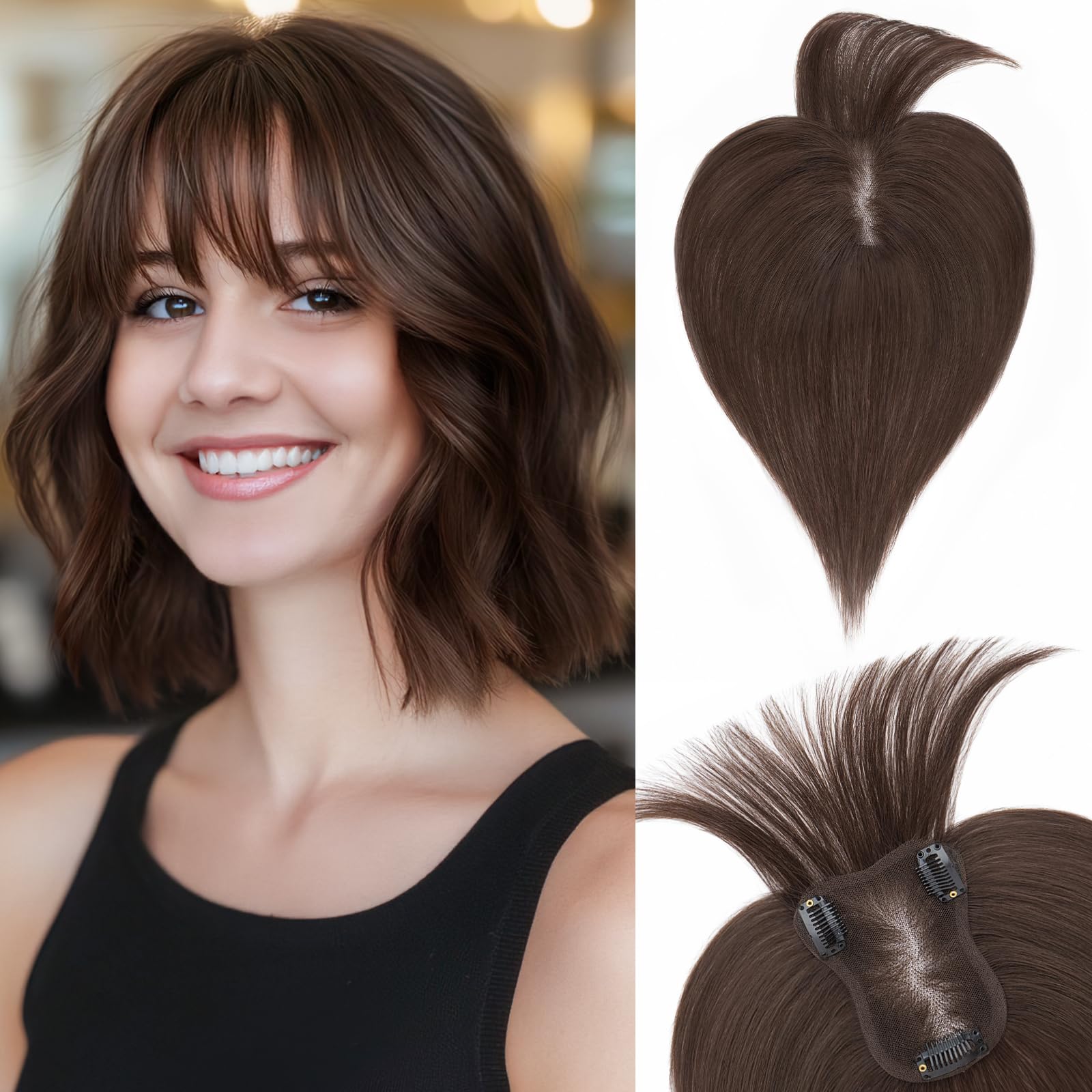 SEGO Human Hair Toppers With Bangs 3603D Coverage Hairpieces Hand-stitched Thinning Hair Toppers Clip on Bangs for Women Add Vol