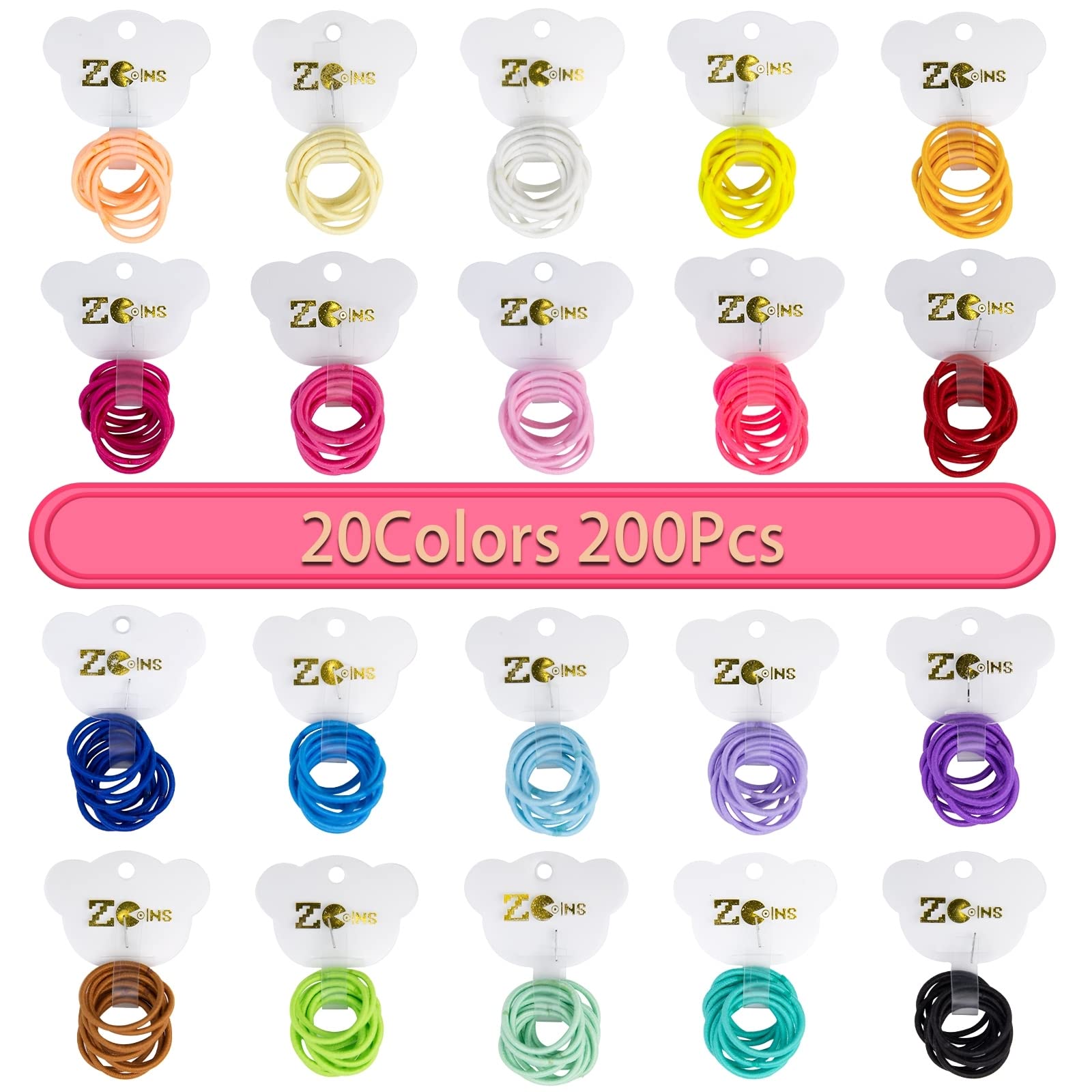 ZCOINS Hair Bands, 200pcs 2mm Tiny Hairbands Hair Ties Hair Accessories Hairbands for Baby Kids Girls Women, Multicolor