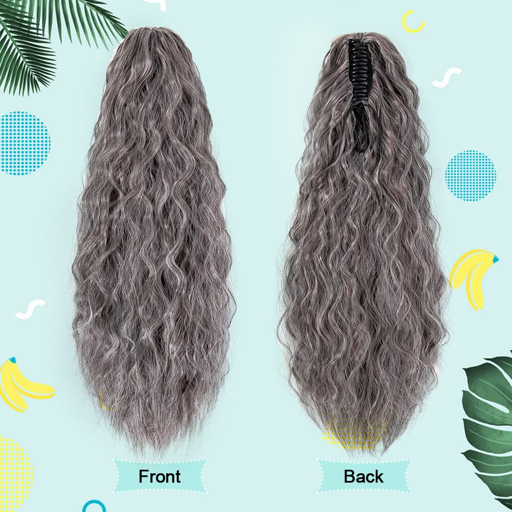 Wavy Ponytail Extension Claw Clip, 22 Inch Corn Wave Pony Tail Synthetic Brown Mixed Blonde Hair, Long Curly Jaw Ponytail Hair E