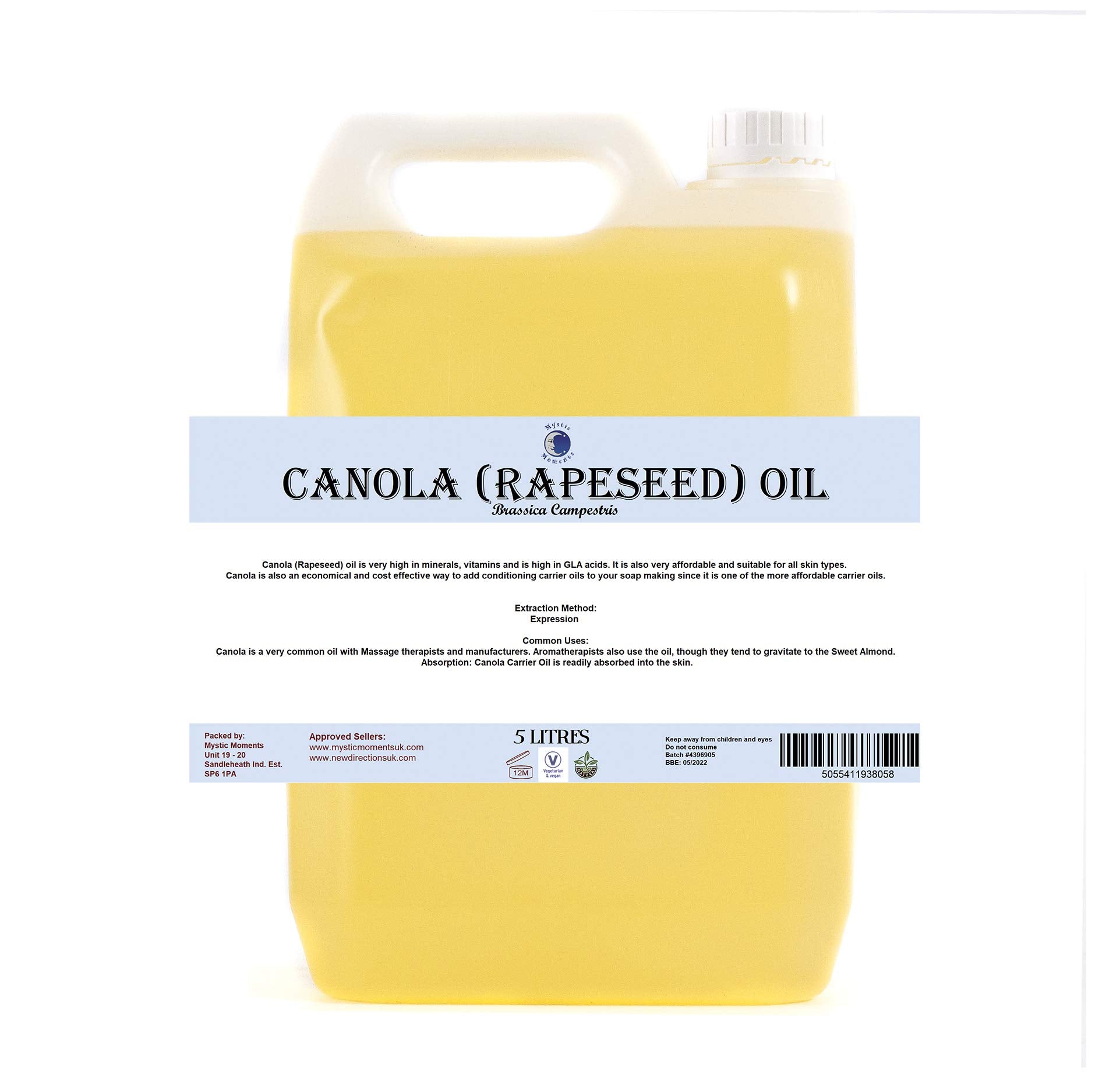 Mystic Moments| Canola (Rapeseed) Carrier Oil 10 Litres (Brassica napus) | Lightweight Moisturising Treatment for Skin & Hair Ca
