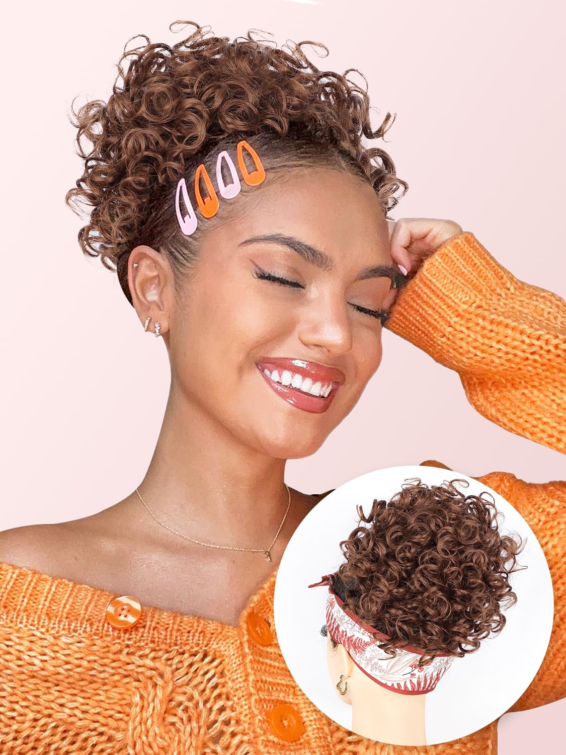 ALXNAN Messy Hair Bun Hair Piece for Women Elastic Drawstring Loose Wave Curly Buns Short Middle Brown Synthetic Ponytail Extens