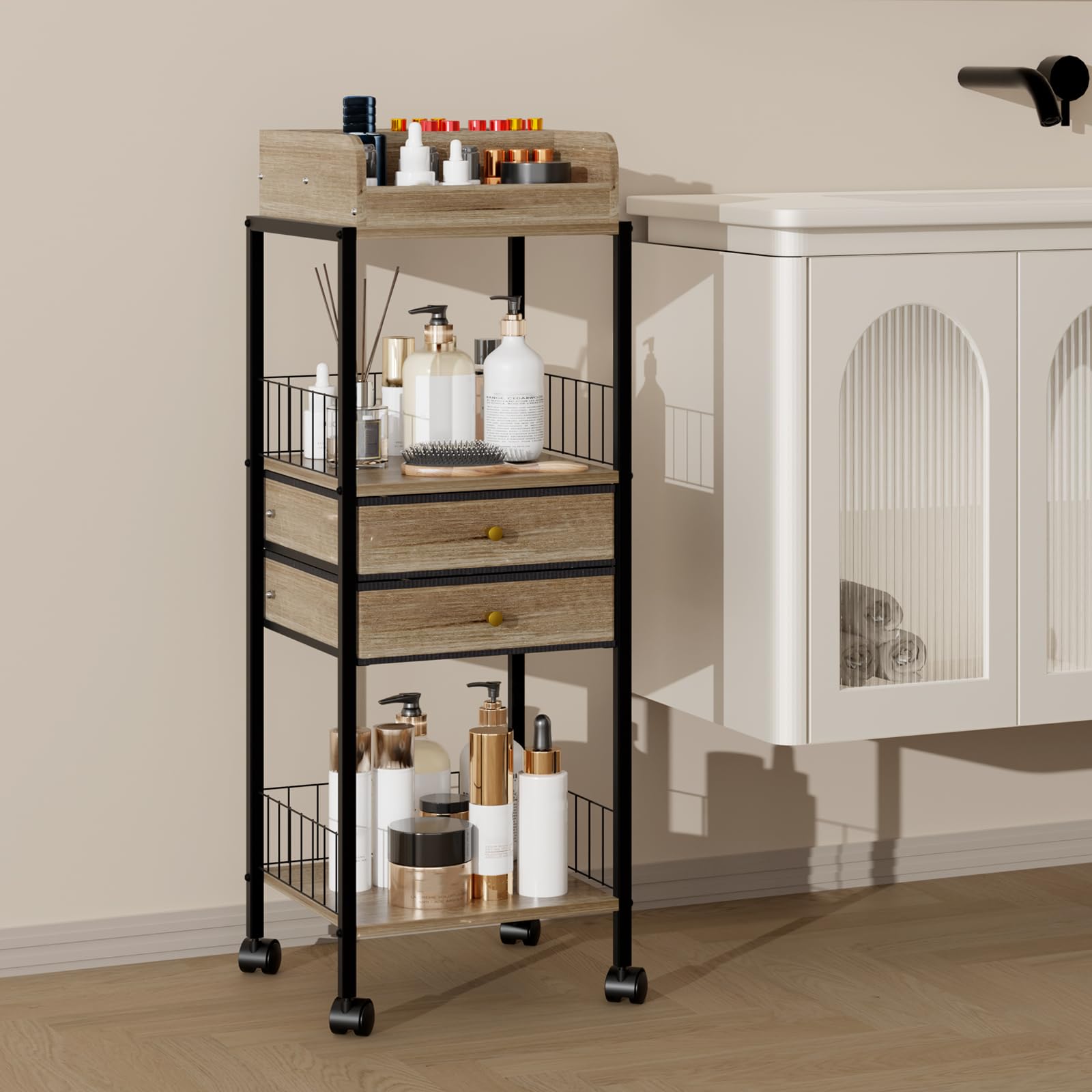 Makeup Organizer Cart Shelf Floor Skincare Organizers Make Up and Station Storage Cabinet For Vanity Standing Cosmetics With Dra