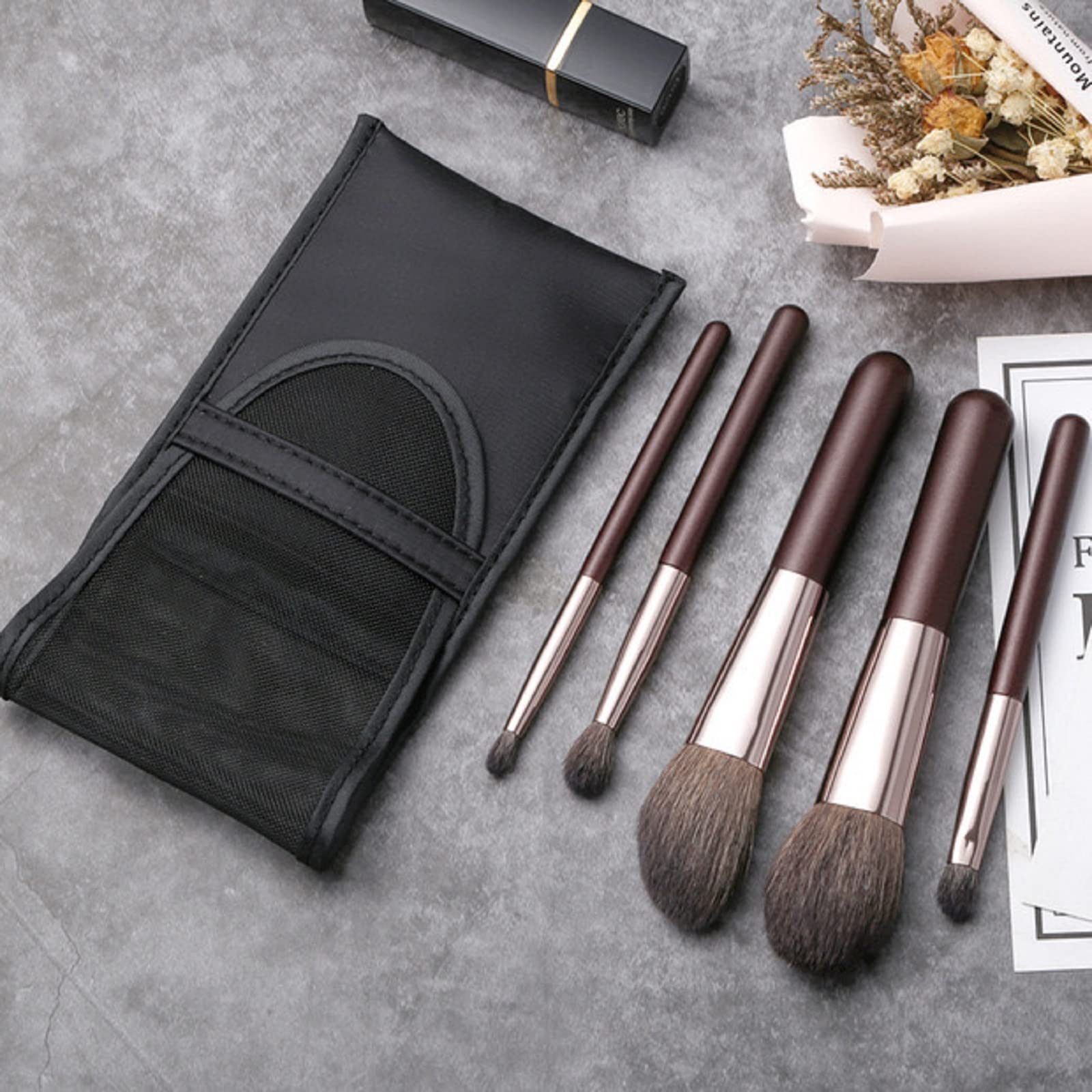 Kanviensl Travel Makeup Brushes Set W/Pouch, Portable 5Pcs Professional Mini Cosmetic Brushes Kit For Powder Blush Concealers Co