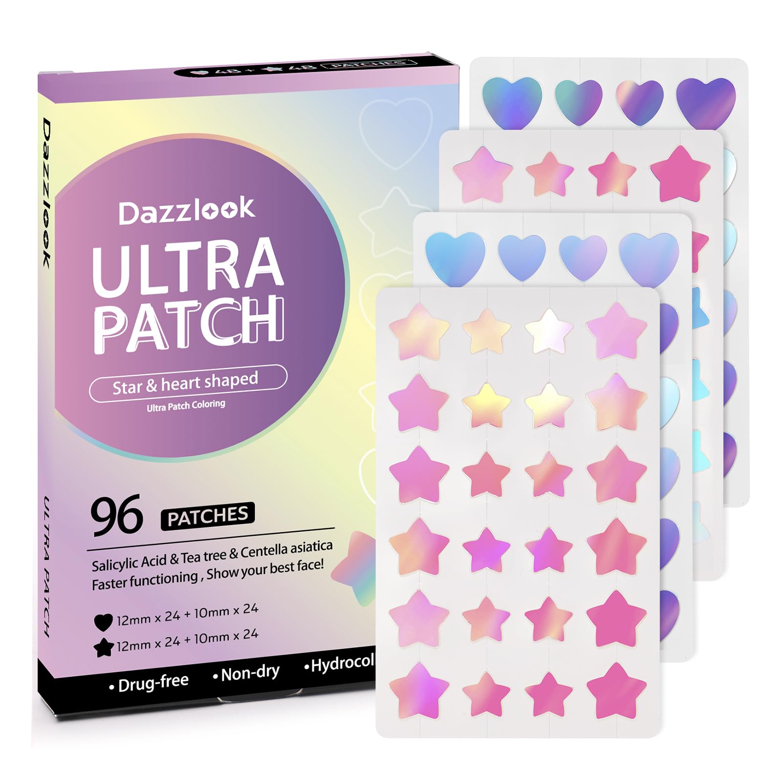 Dazzlook Star Acne Patch with Salicylic Acid Tea Tree Oil & Centella Asiatica, Hydrocolloid Pimple Stickers Iridescent Colors 96