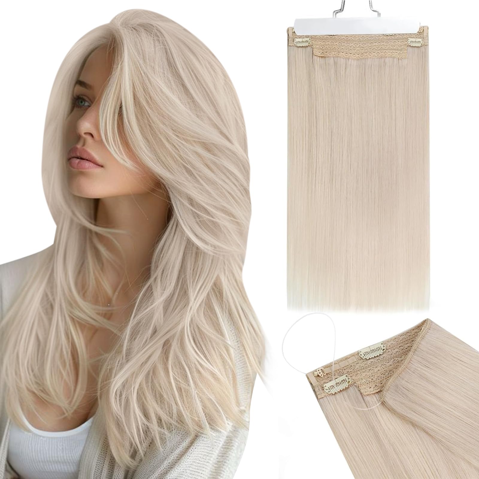 Ugeat Wire Hair Extensions Blonde Wire Real Hair Extensions Platinum Blonde Fish Line Hair Extensions Human Hair Blonde Wire Hai