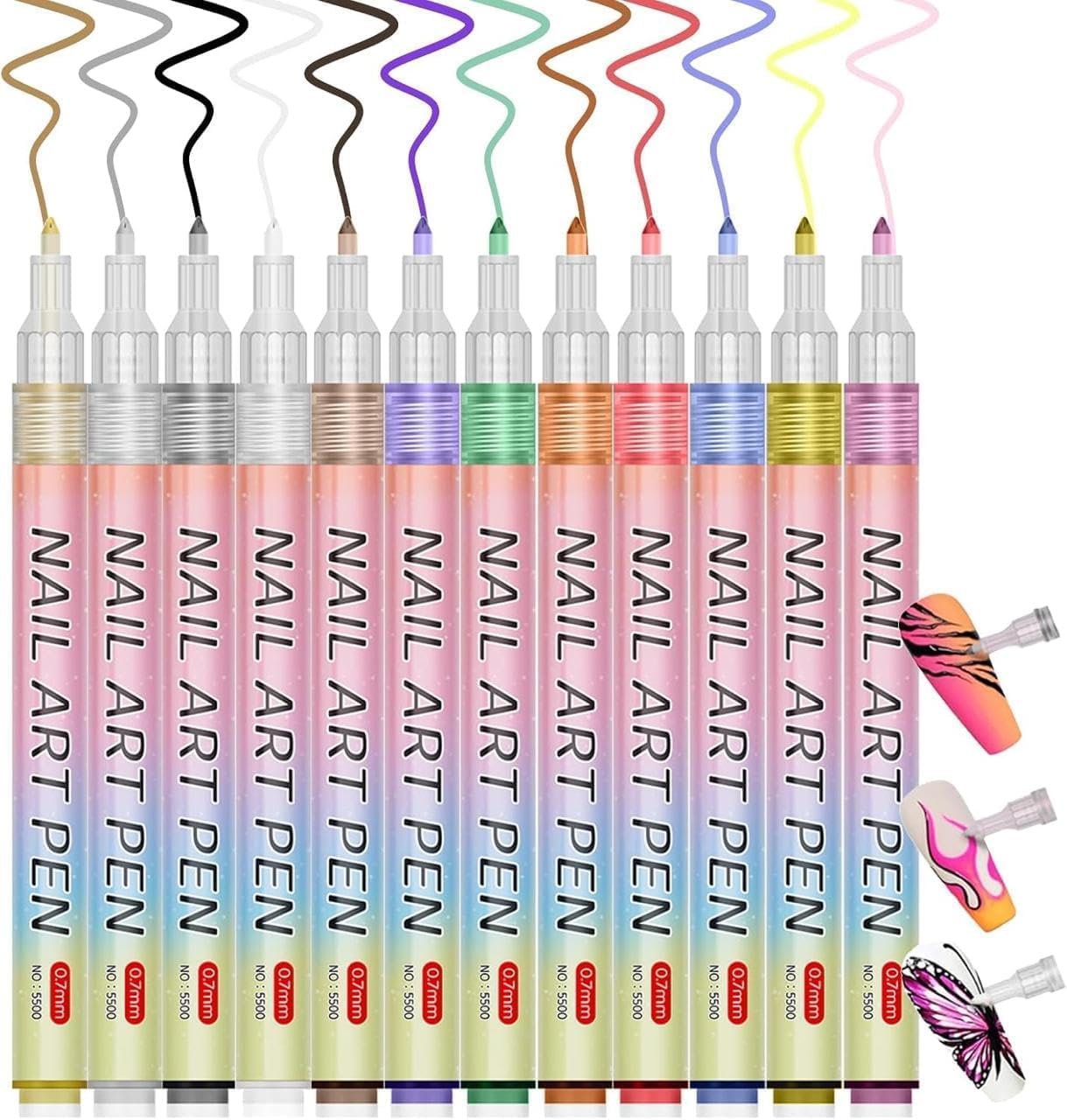 12 Colors Nail Art Pens Set 0.7 Mm Ultra Fine Tip Nail Polish Marker Pens Quick Dry Waterproof Diy Nail Painting Kit For Women, 