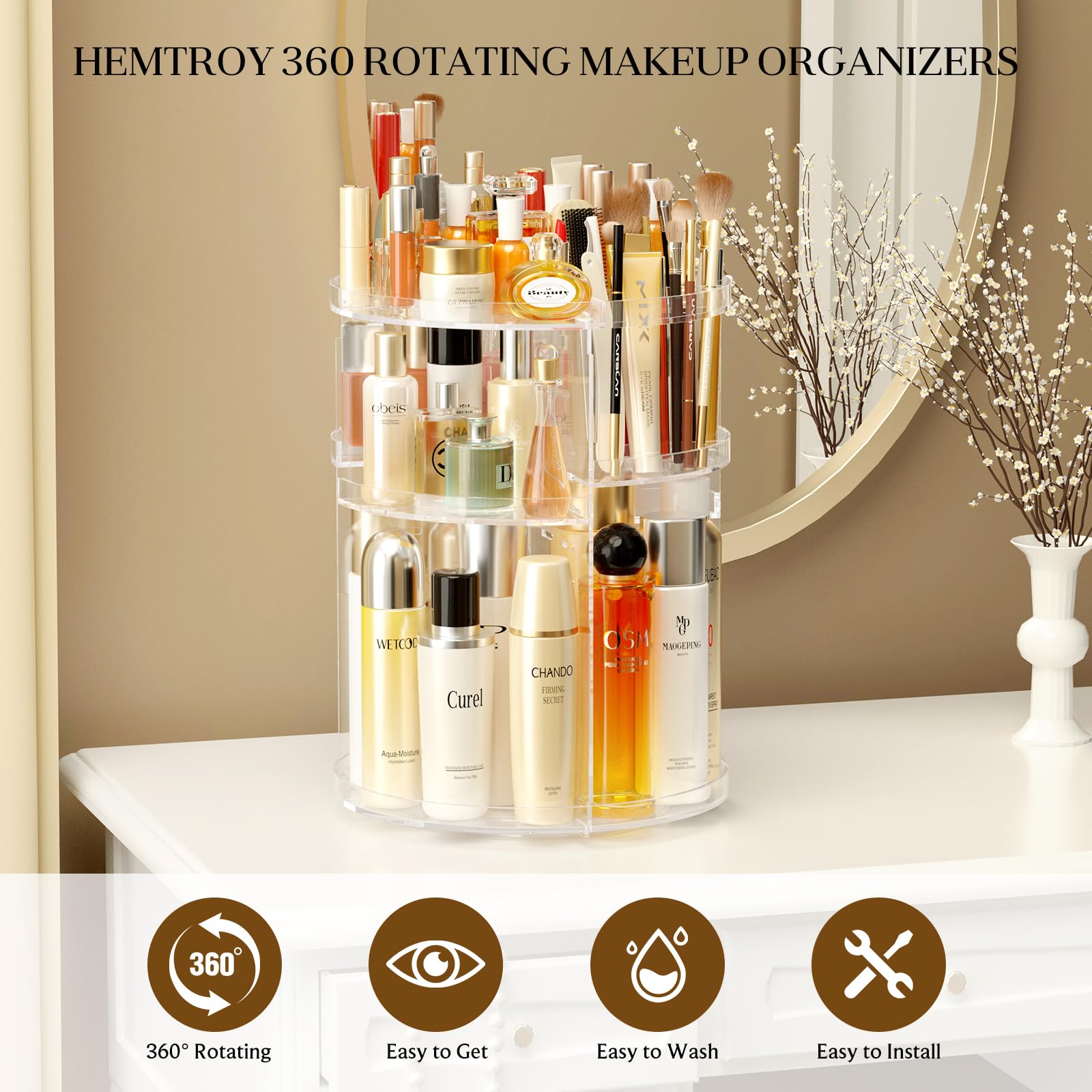 Hemtroy Makeup Organizer 360 Rotating, Adjustable Skincare Organizer With Brush Holder, Cosmetics Display Cases For Vanity Bathr