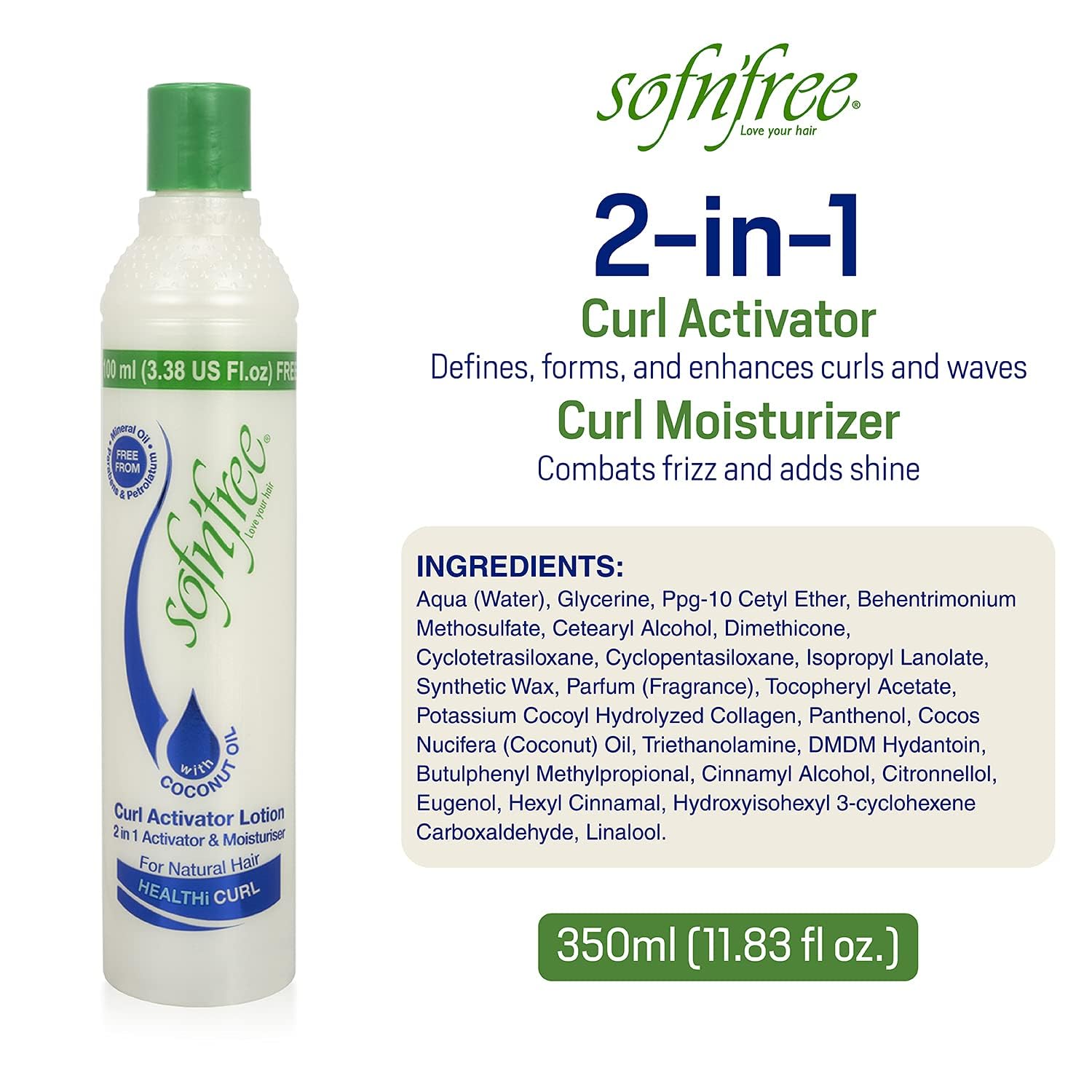 SofnFree Moisturizer & Curl Activator for Natural Hair, Soft Curls, and Waves 11.83 fl oz / 350ml (2 pack)