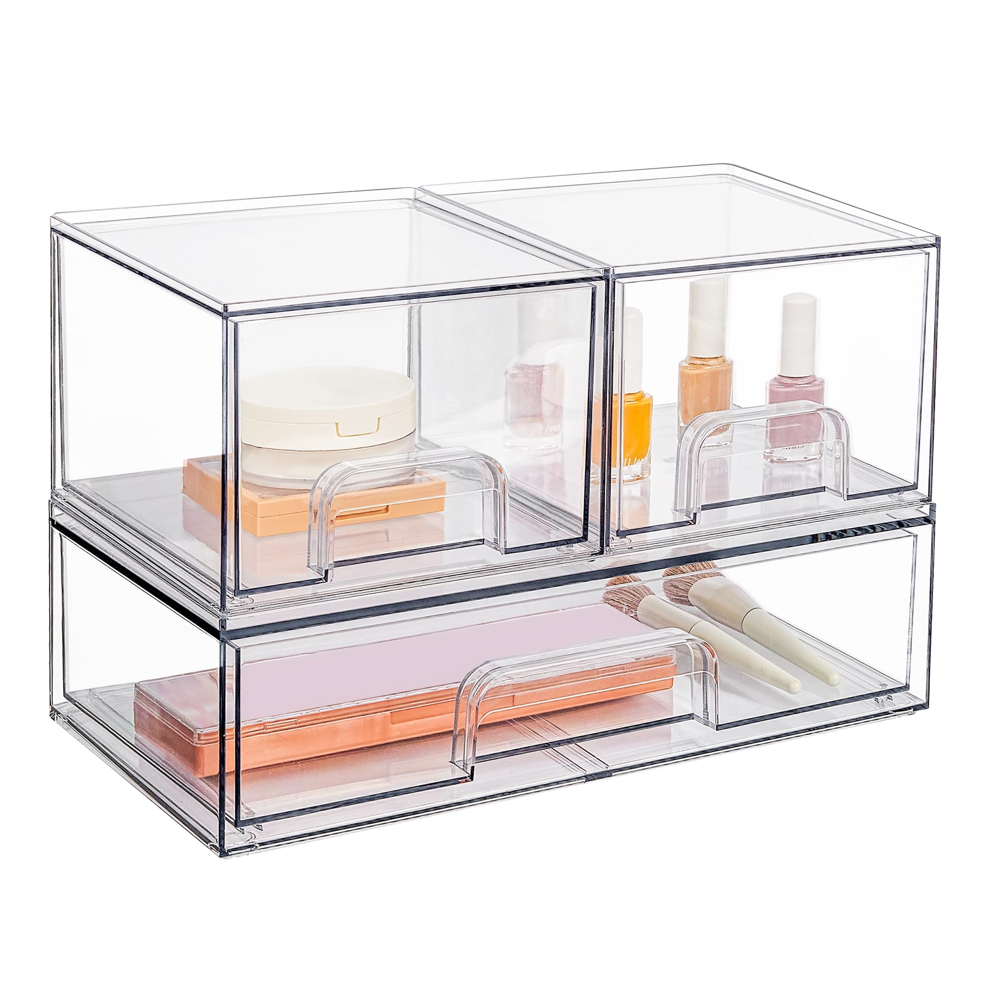 Vtopmart Stackable Storage Drawers Set Of 3, 12'' Wide And 4.4'' Tall Clear Plastic Organizer Bins For Makeup, Cosmetics, Beauty