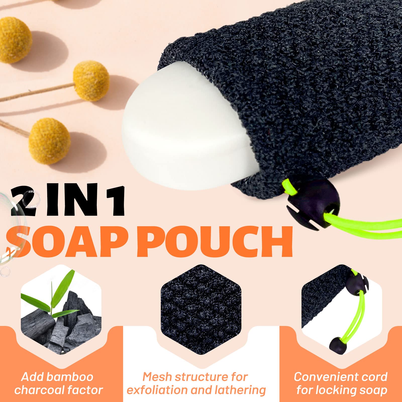 Mig4U Exfoliating Soap Bag For Shower 2 Pieces - Bar Soap Saver Pouch, Bamboo Body Scrubber Exfoliator Pocket In Travel Bathing,