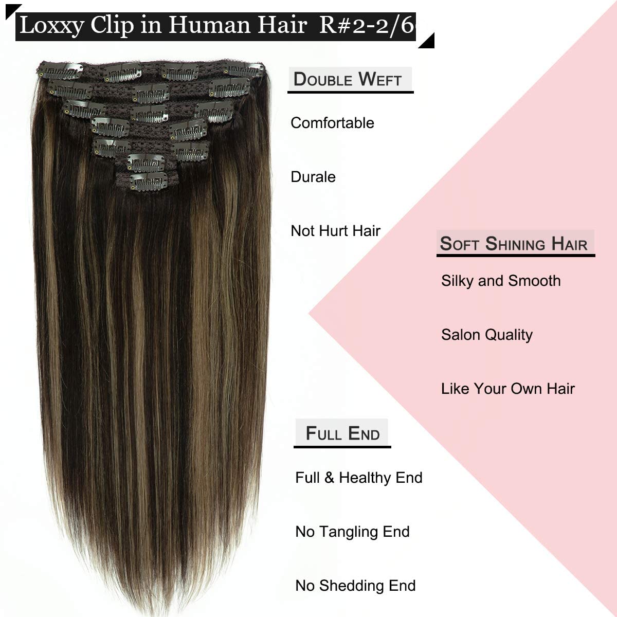 Loxxy Clip In Hair Extensions Real Human Hair Ombre Chestnut Brown Mixed Dark Brown With Dark Brown Roots Double Weft Remy Hair