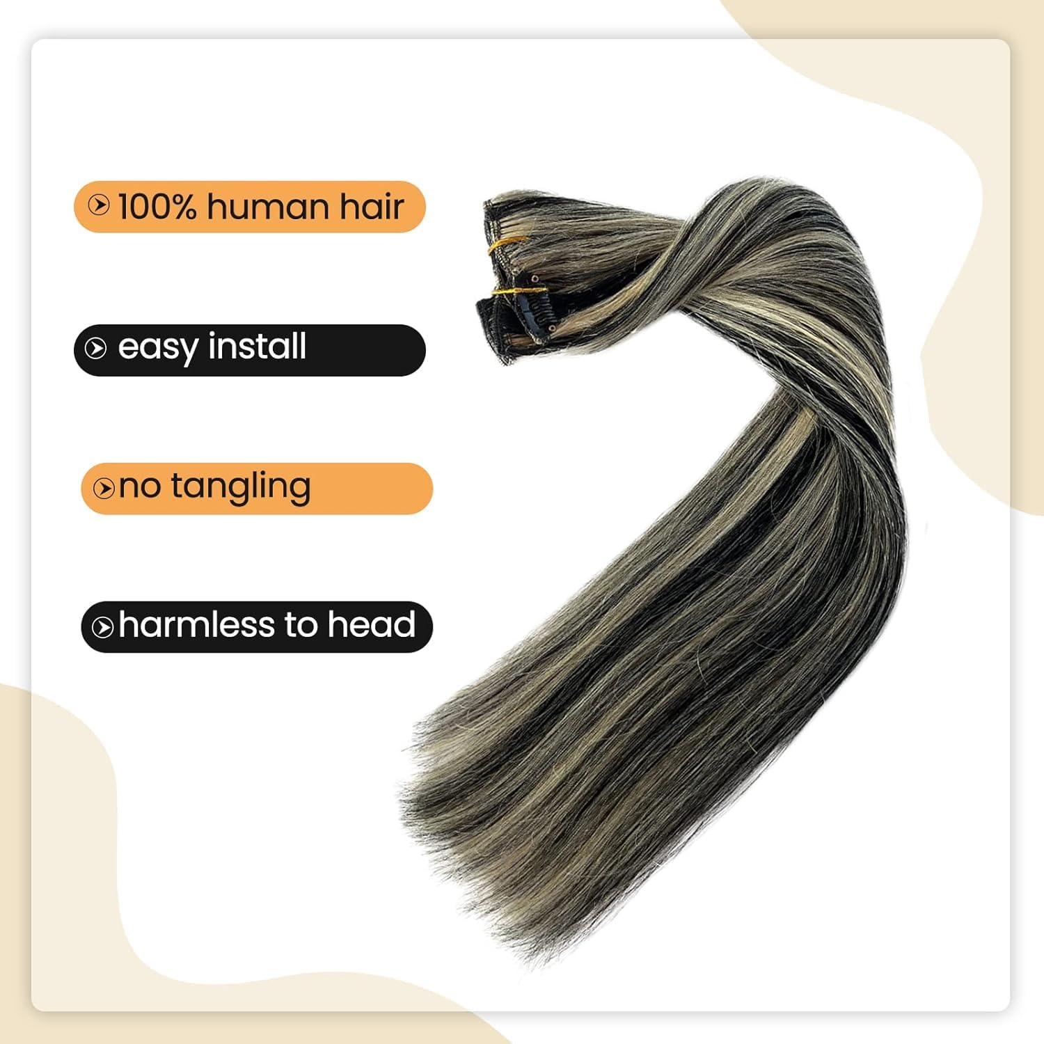 Clip In Hair Extensions Real Human Hair, Natural Black Highlighted Blonde 613 Clip In Hair Extensions Straight Hair Extensions C