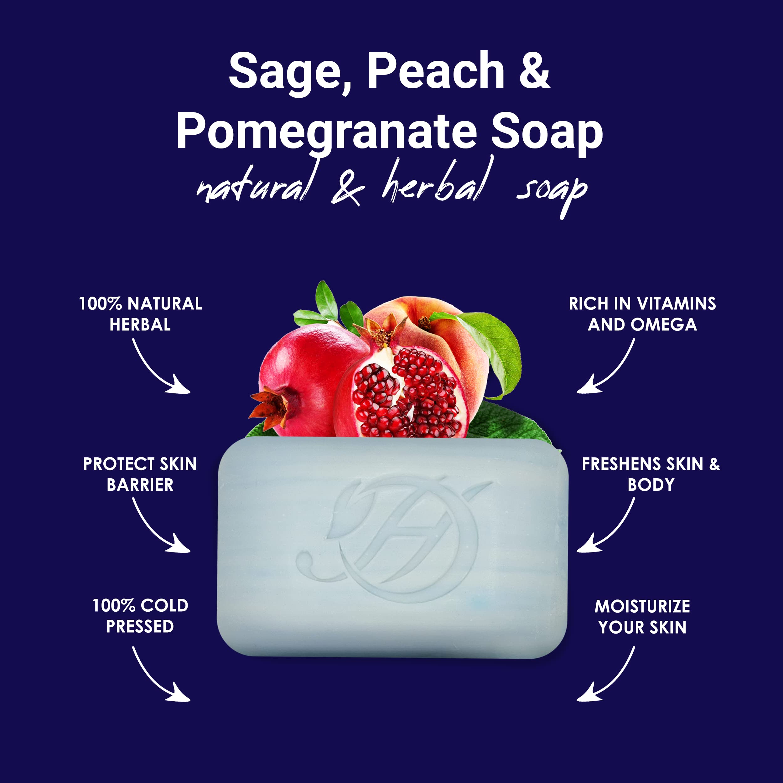 HERBOGANIC Sage, Peach and Pomegranate Herbal Soap | Pack of 3 of 5oz soap Bar | Natural Bar Soap for Face and Body | Hydrating