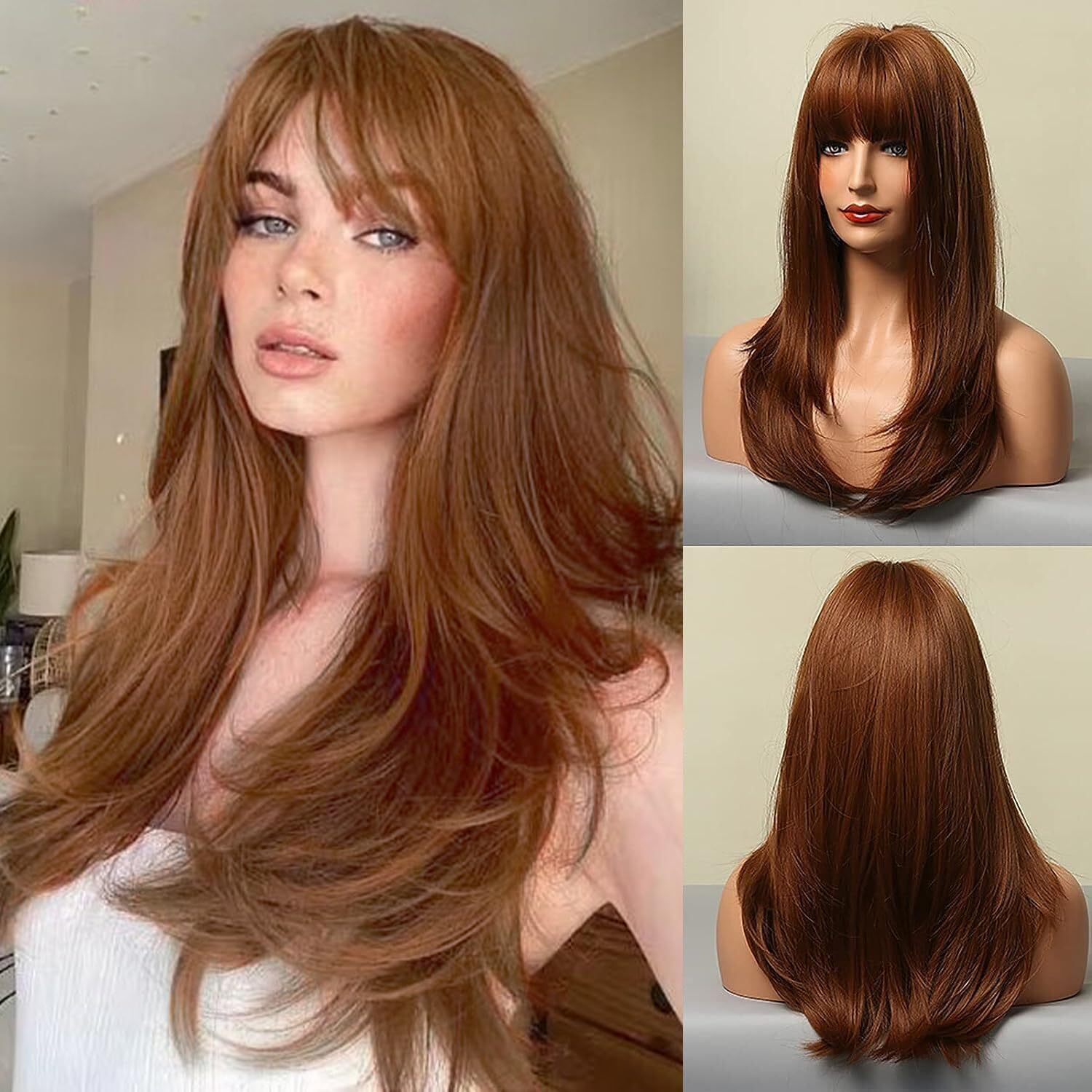 HAIRCUBE Reddish Brown Wigs for Women Long Straight Red Wigs with Bangs Heat Resistant Fiber Synthetic Wigs Daily Natural lookin