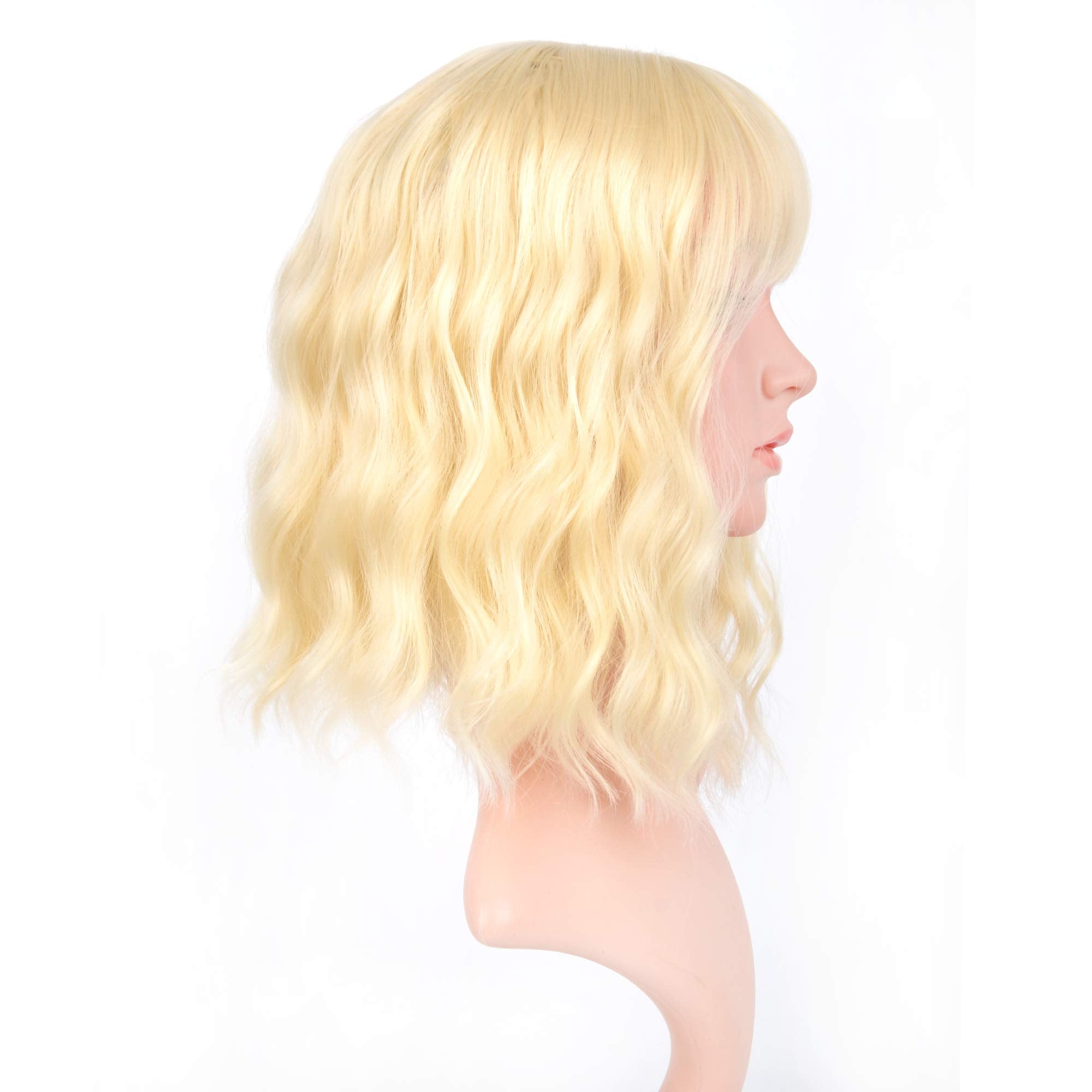 VCKOVCKO Blonde Pastel Wavy Wig With Air Bangs Women Short Wavy Light Blonde Wigs Synthetic Wig for Cosplay Party Bob Style Past
