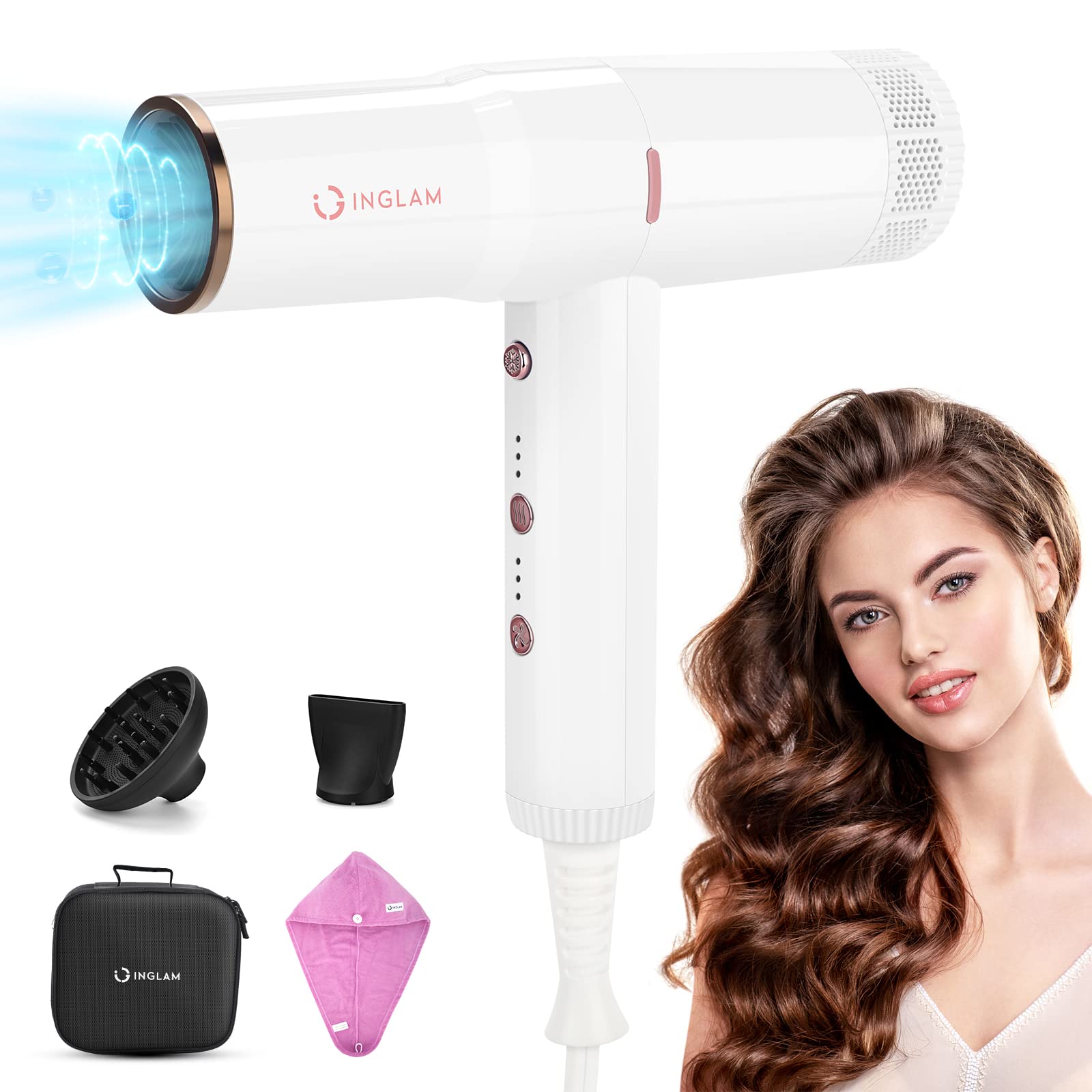 Hair Blow Dryer with Diffuser, IG INGLAM Professional 110,000 RPM High Speed Brushless Motor Negative Ion Low Noise Constant Tem
