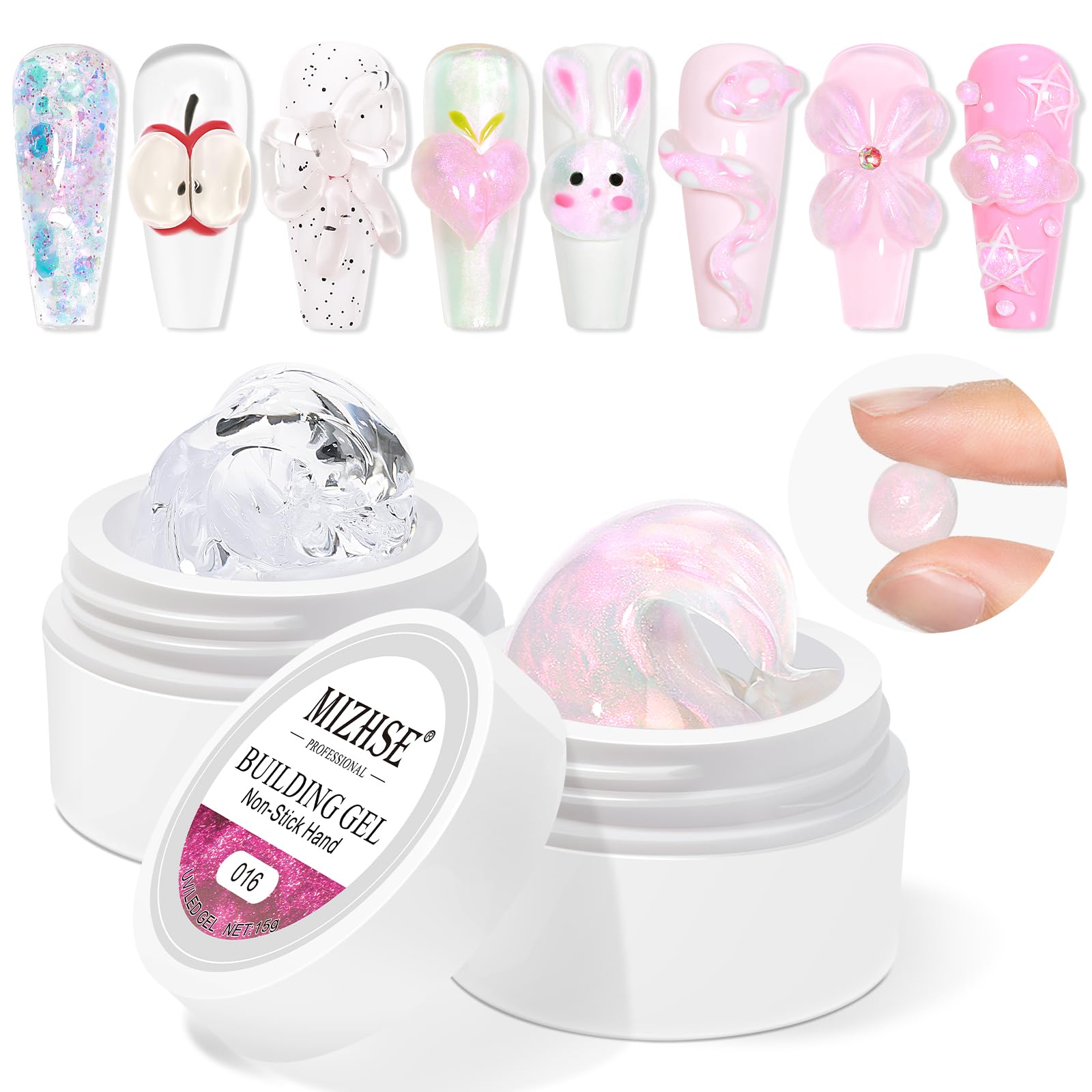 MIZHSE Solid Builder Gel, Aurora Pink & Clear Hard Gel for Nails, Non-Sticky Building Gel Sculpting Gel 3D Gel Nail Mermaid Pear