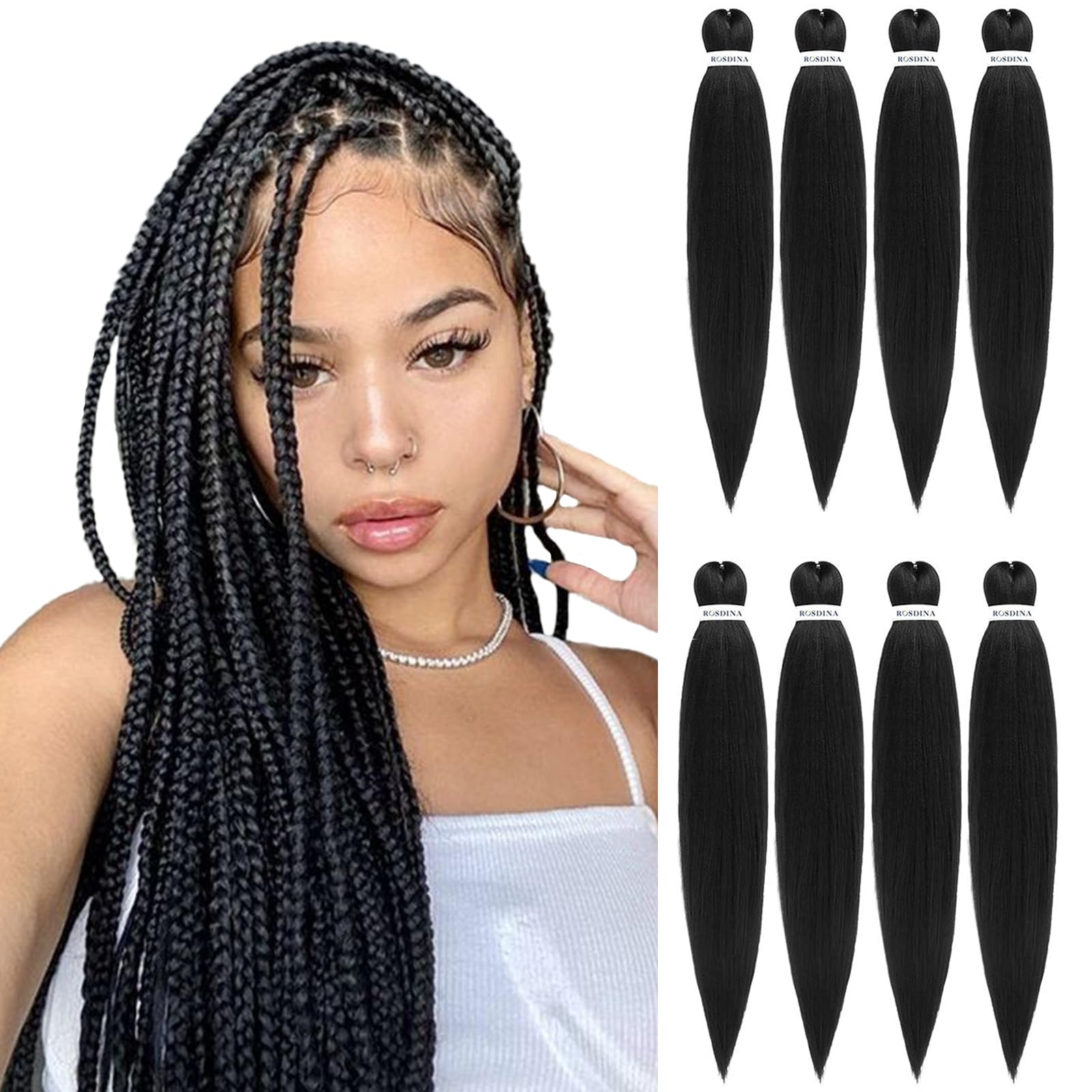 Rosdina Pre-Stretched Braiding Hair - 26 Inch 8 Packs Natural Black Super Long Braiding Hair For Twist Or Box Braids, Yaki Textu